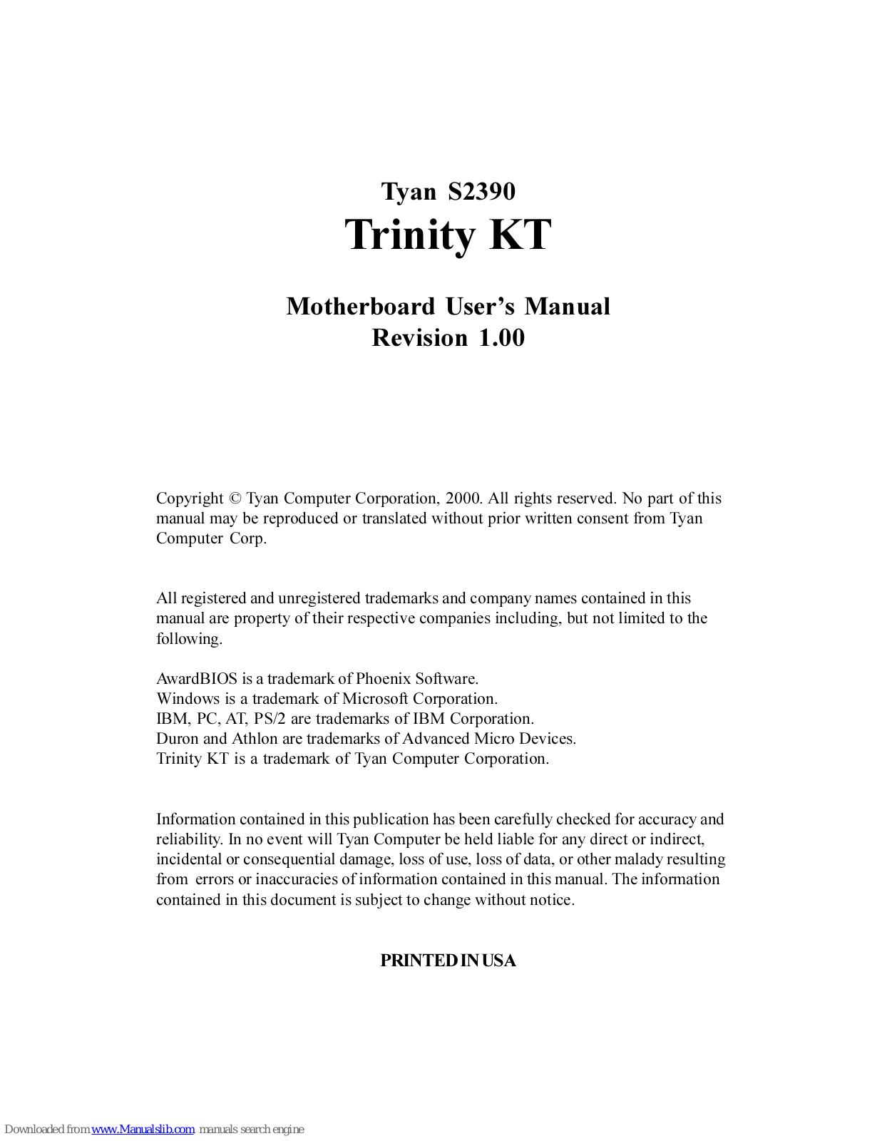 TYAN S2390 TRINITY KT User Manual