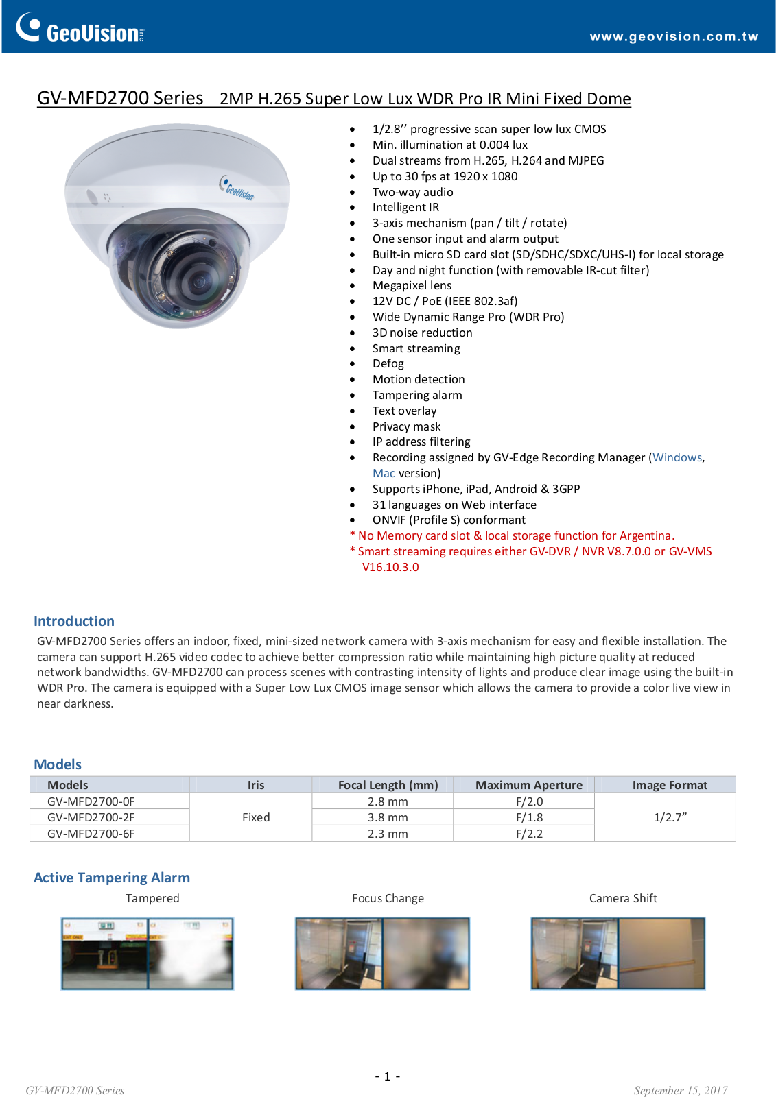 Geovision GV-MFD2700-2F Specsheet