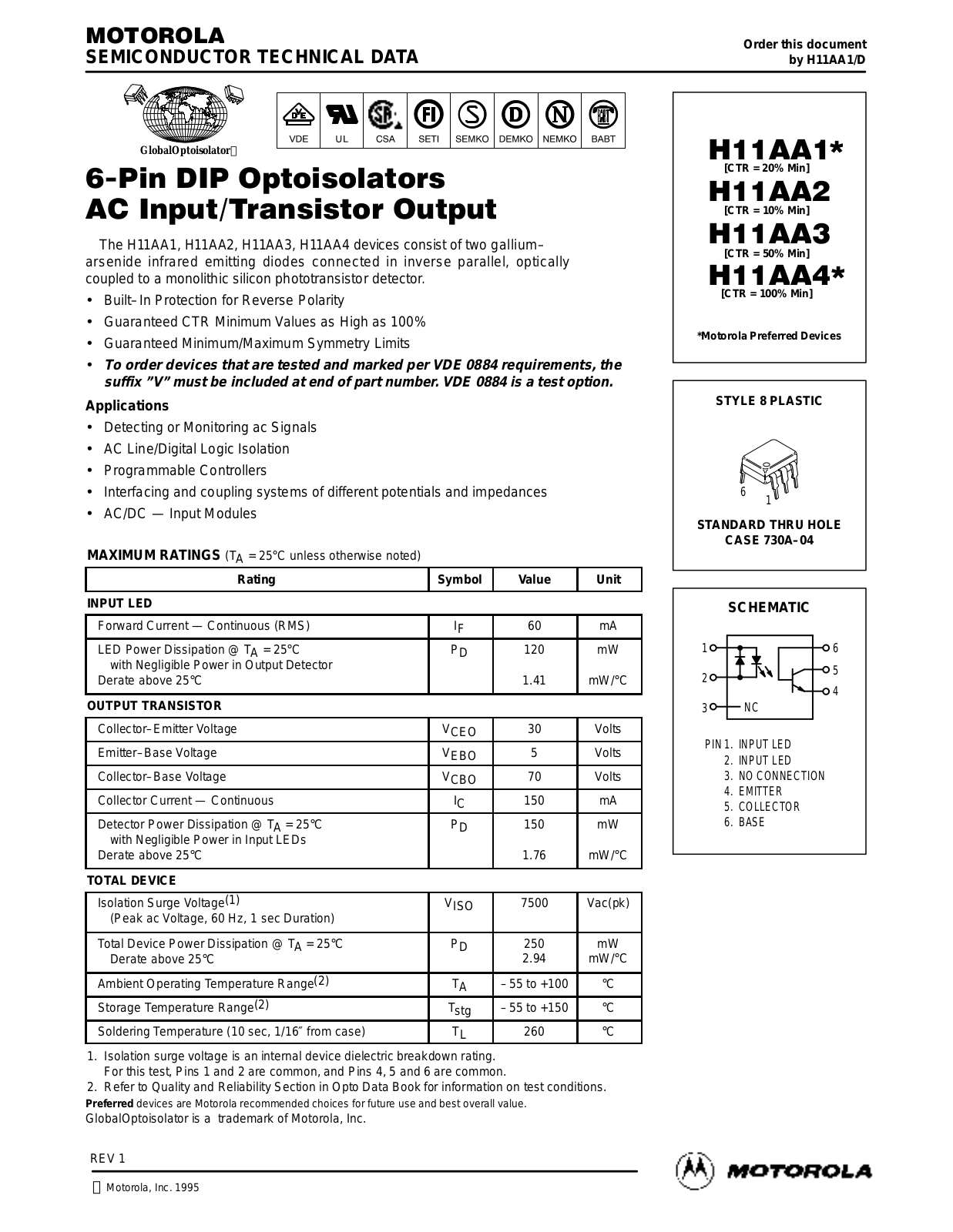 Motorola H11AA4, H11AA3, H11AA1 Datasheet