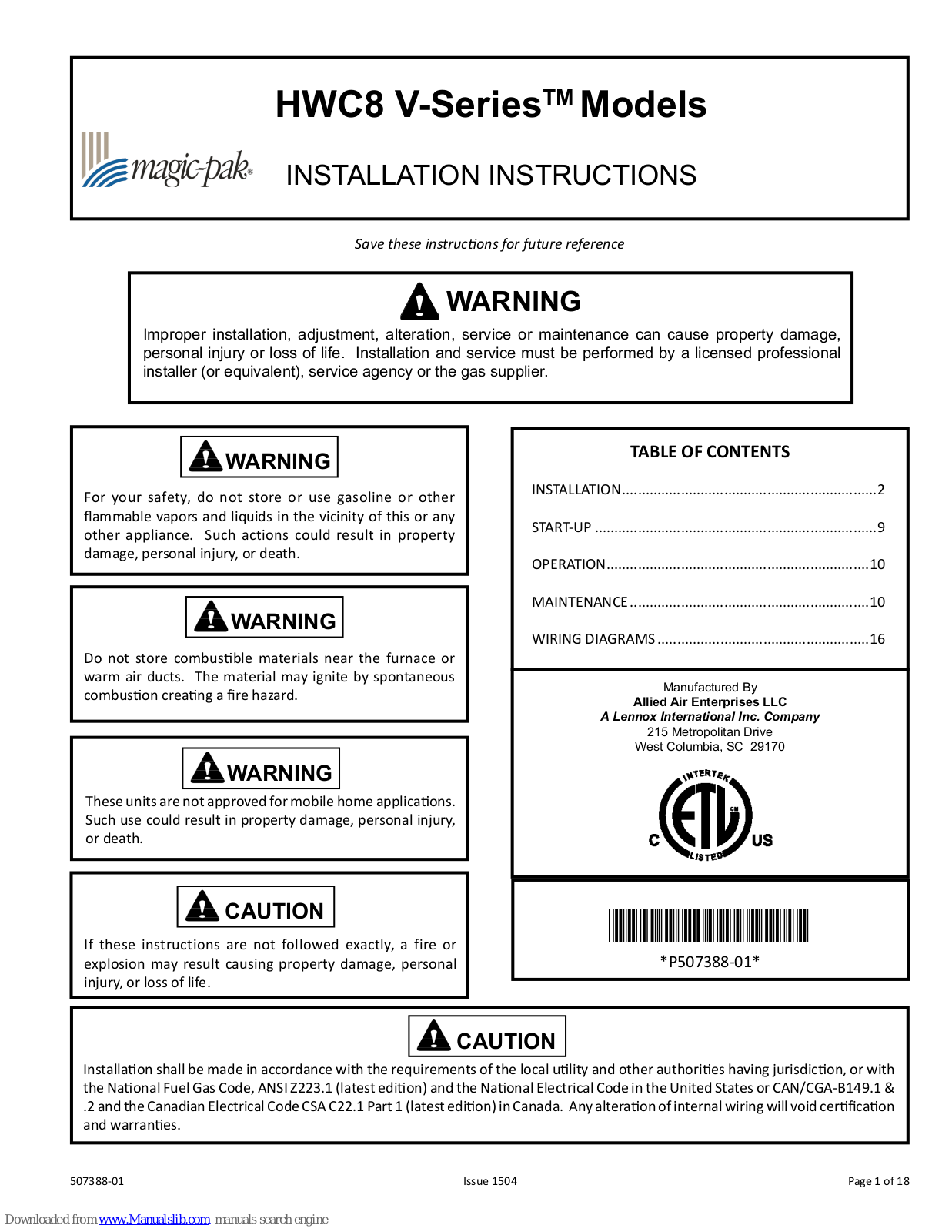 Magic-Pak HWC8-12, HWC8-24, HWC8-18, HWC8-30 Installation Instructions Manual