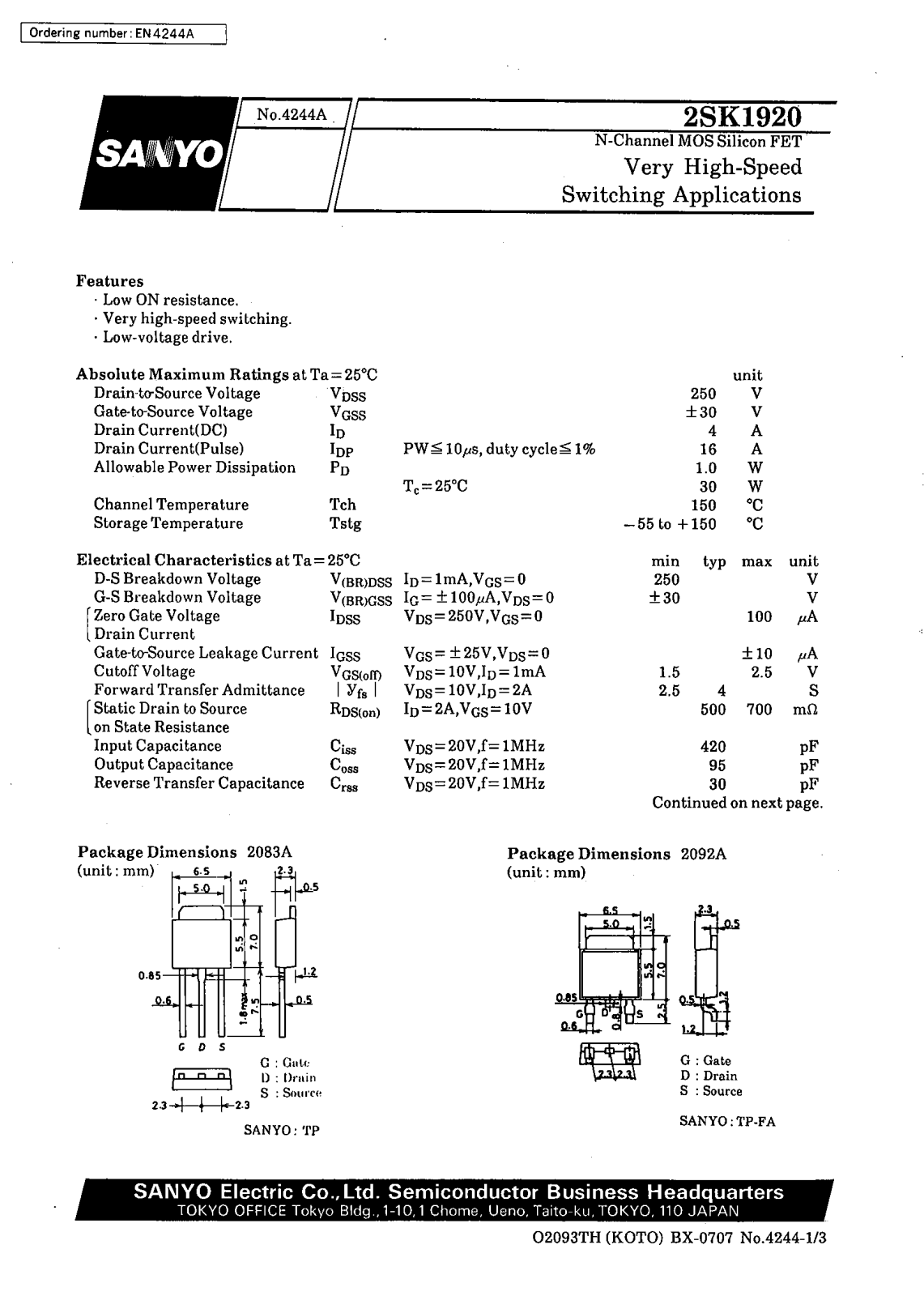 SANYO 2SK1920 Datasheet