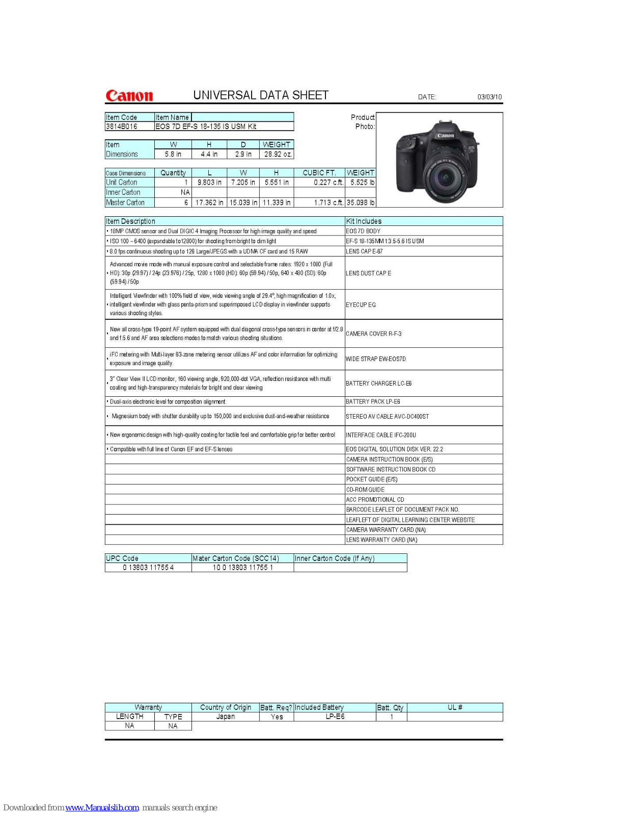 Canon EOS 7D EF-S 1B-135 IS USM Kit Datasheet