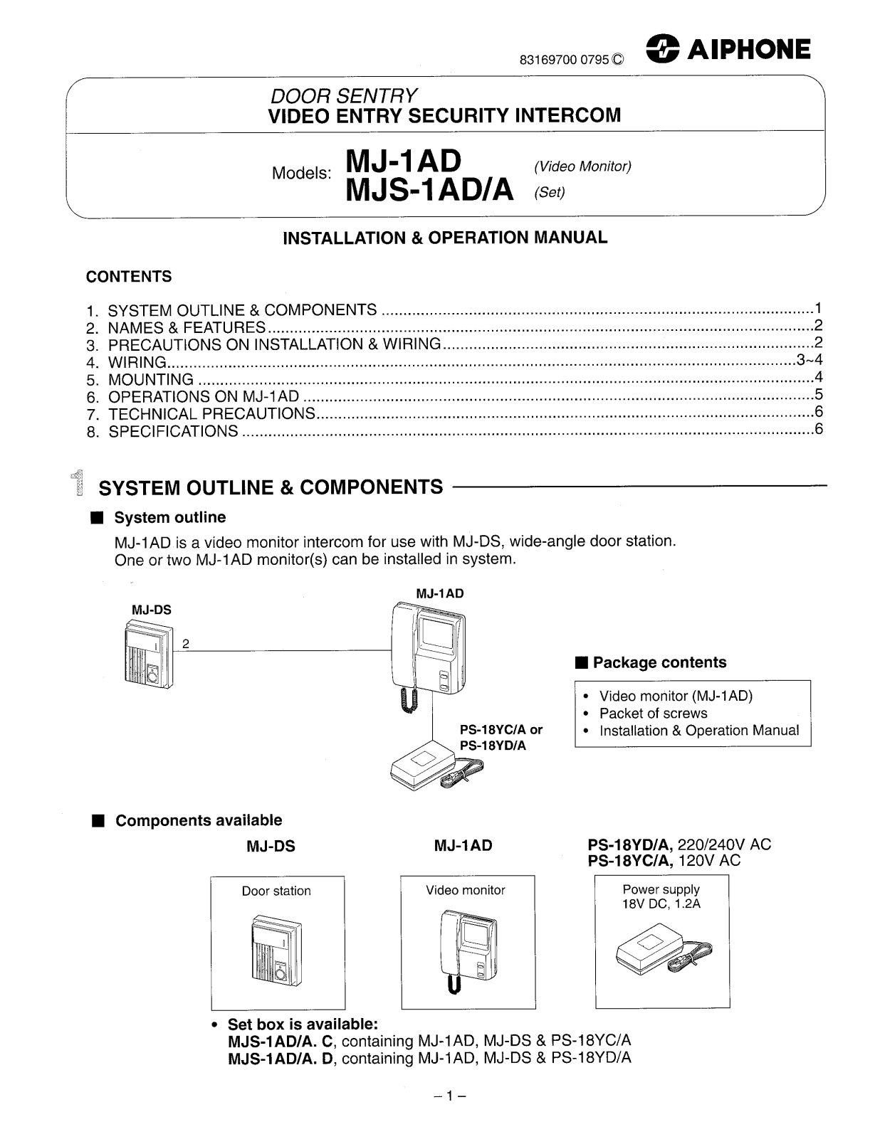 Aiphone MJS-1AD INSTALLATION INSTRUCTIONS