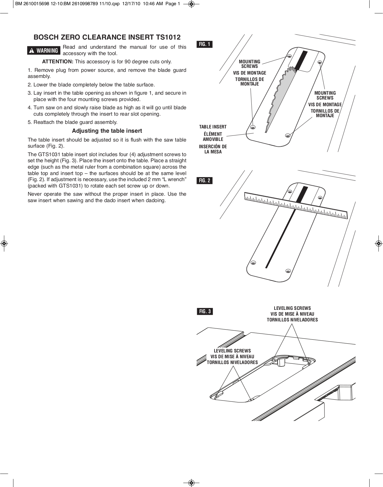 Bosch TS1012 Specification Sheet