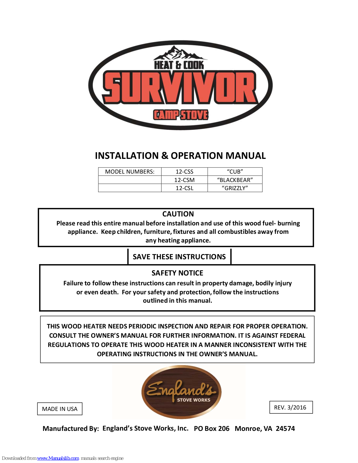 Survivor 12-CSS, 12-CSM, 12-CSL Installation & Operation Manual