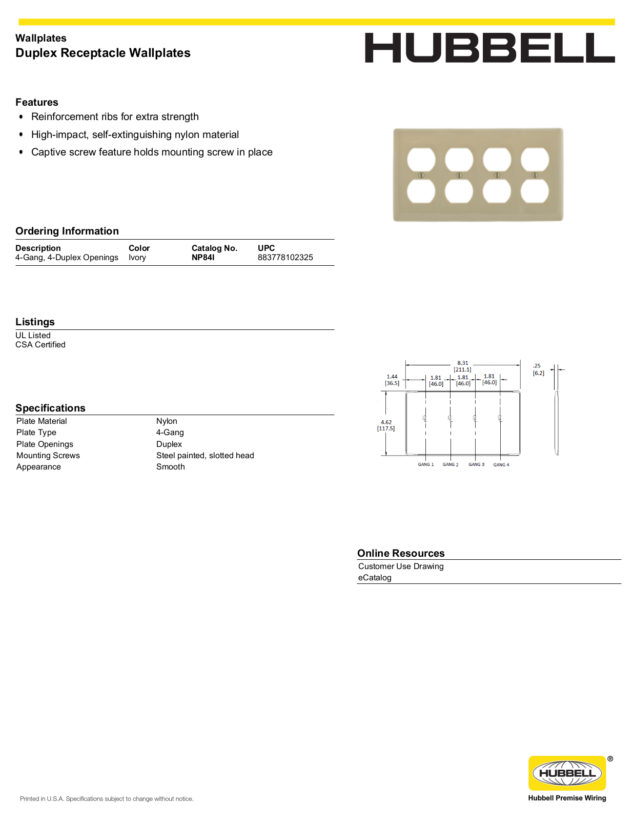 Hubbell NP84I Specifications