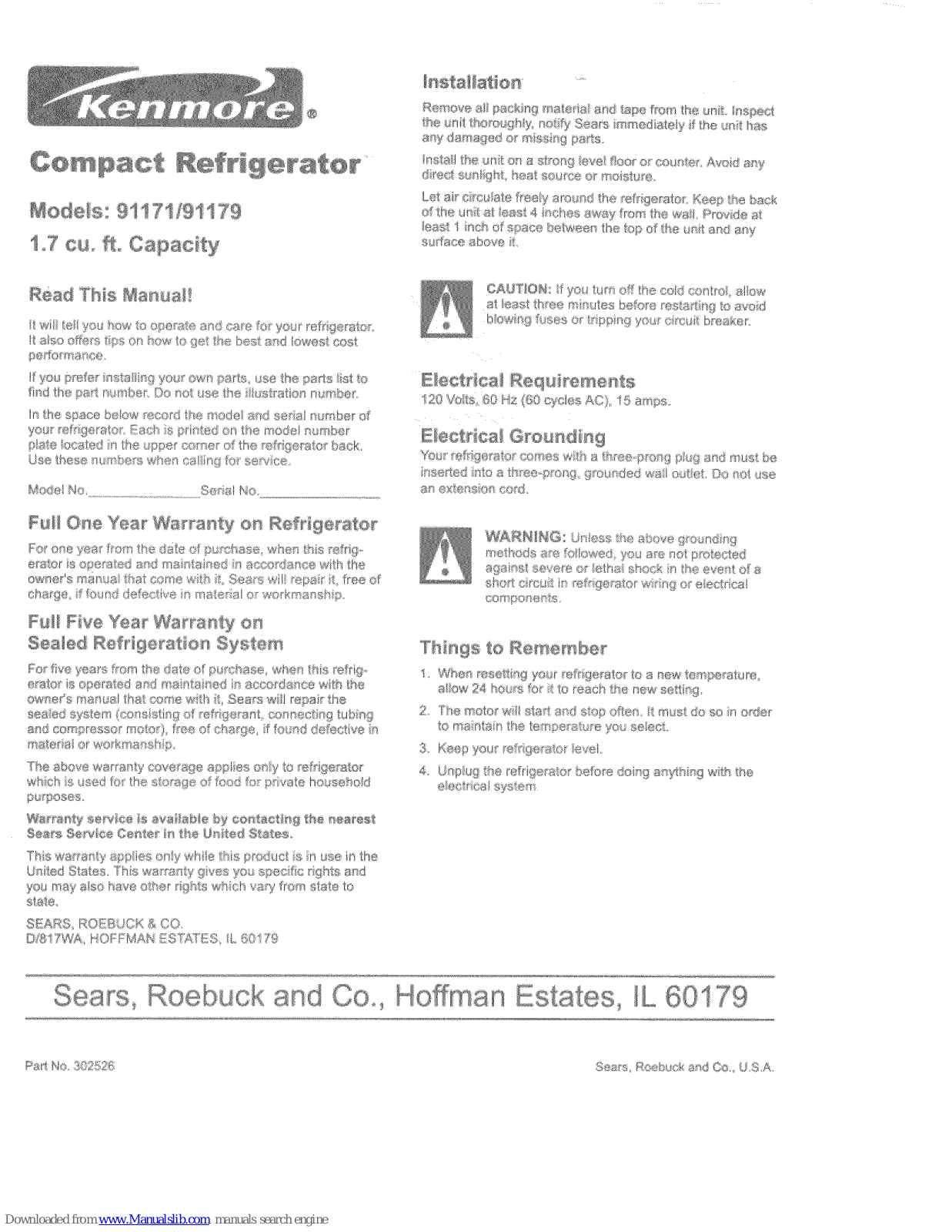 Kenmore Compact refrigerator 91171, 91179, 564.91171100 User Manual - ManualMachine.com