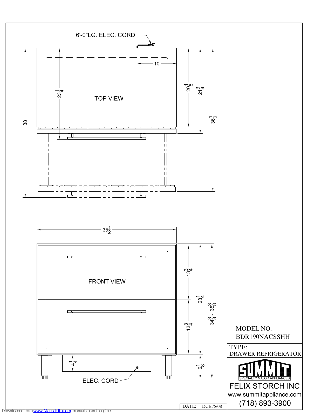 Summit BDR190NACSSHH Dimensional Drawing