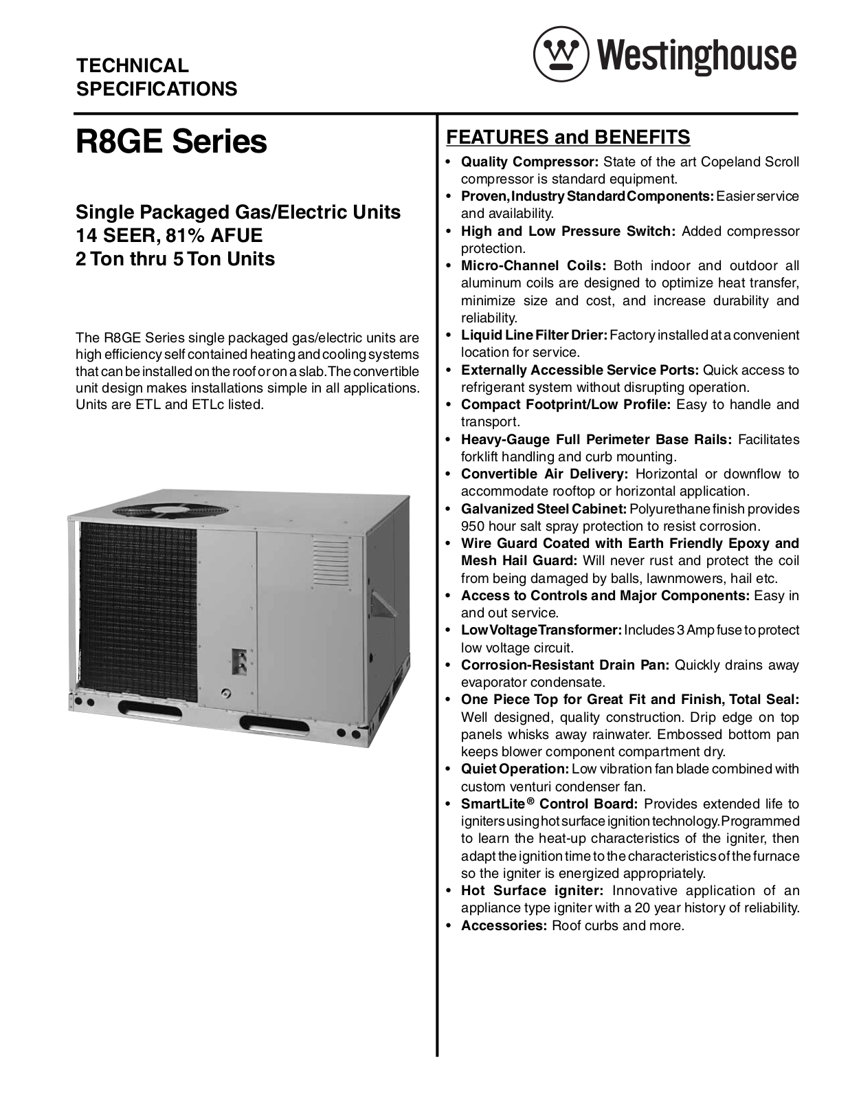 Westinghouse 14 SEER, 81% AFUE R8GE Gas-Electric Packaged Unit Technical Literature