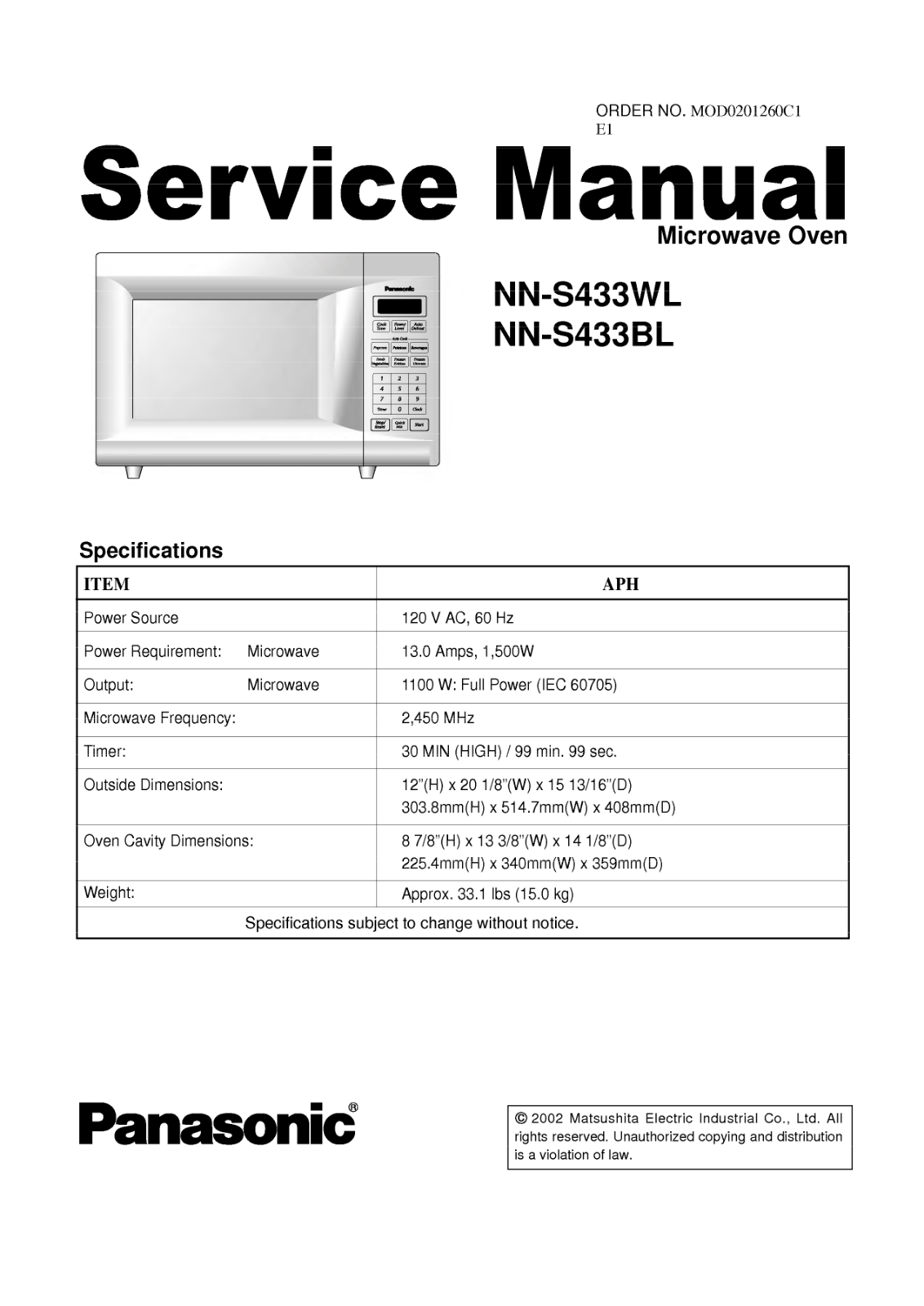 Panasonic Nn-s433bl, Nn-s433wl Service Manual