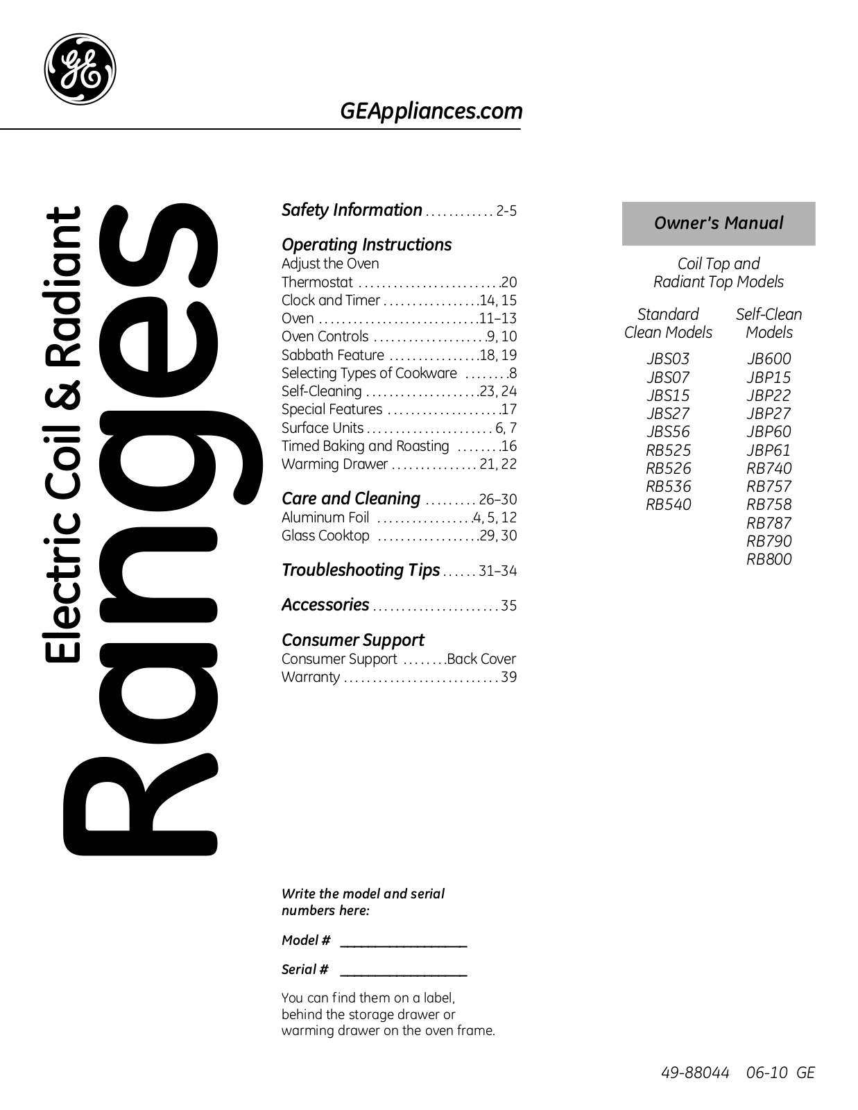 GE JBS07, JBS15, JBS27, JBS56, RB525 User Manual