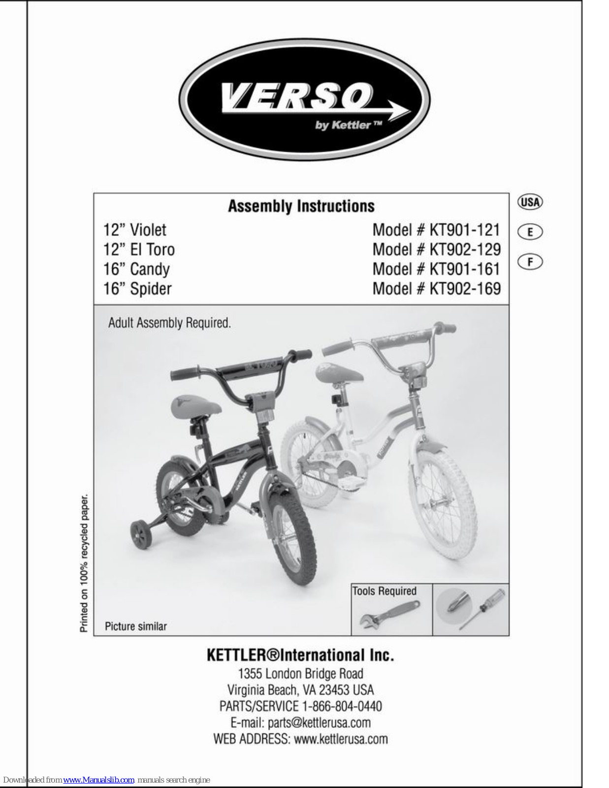 Kettler VERSO KT901-121, VERSO KT901-161, VERSO KT902-169, VERSO KT902-129 Instructions Manual