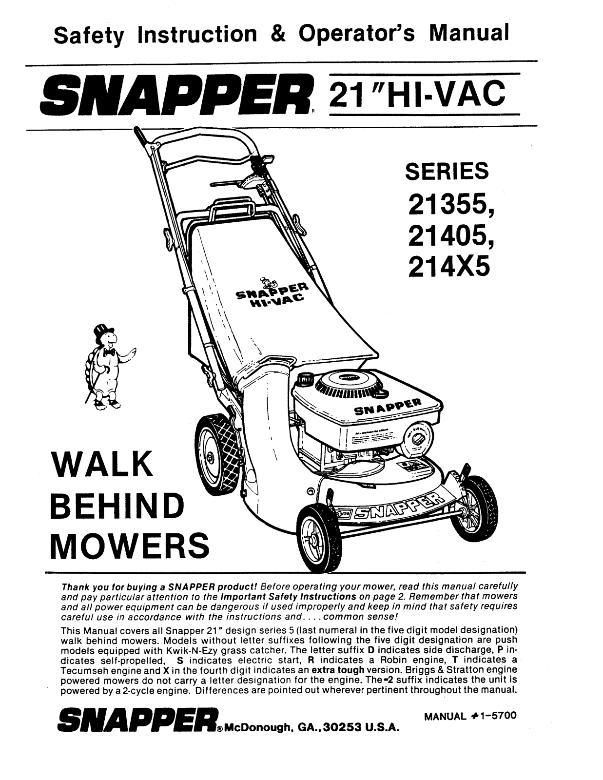 Snapper 21355, 21405, 214x5 User Manual