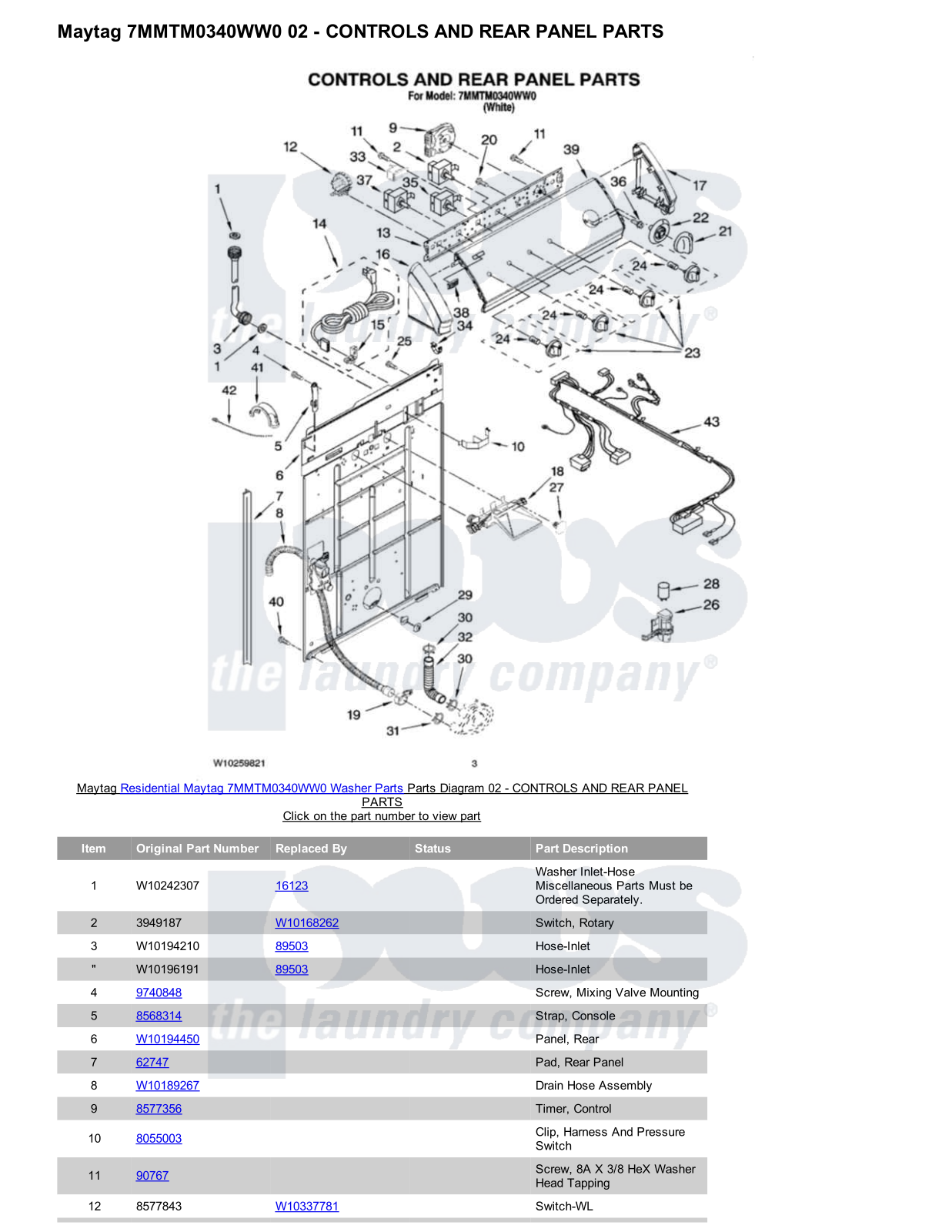 Maytag 7MMTM0340WW0 Parts Diagram