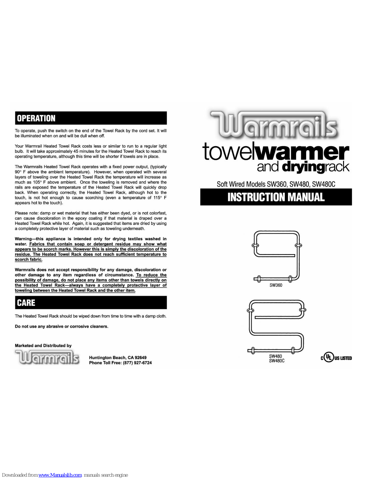 Warmrails SW360, SW480, SW480C Instruction Manual