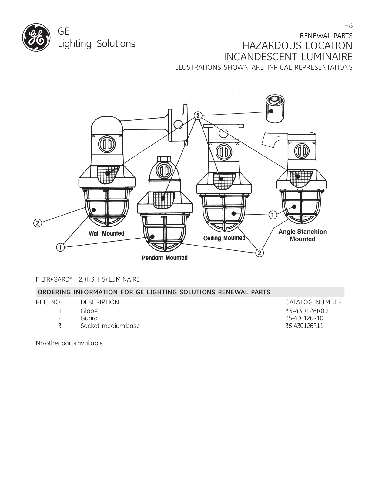 GE H8 Hazardous Location Incandescent Luminaire Renewal Parts