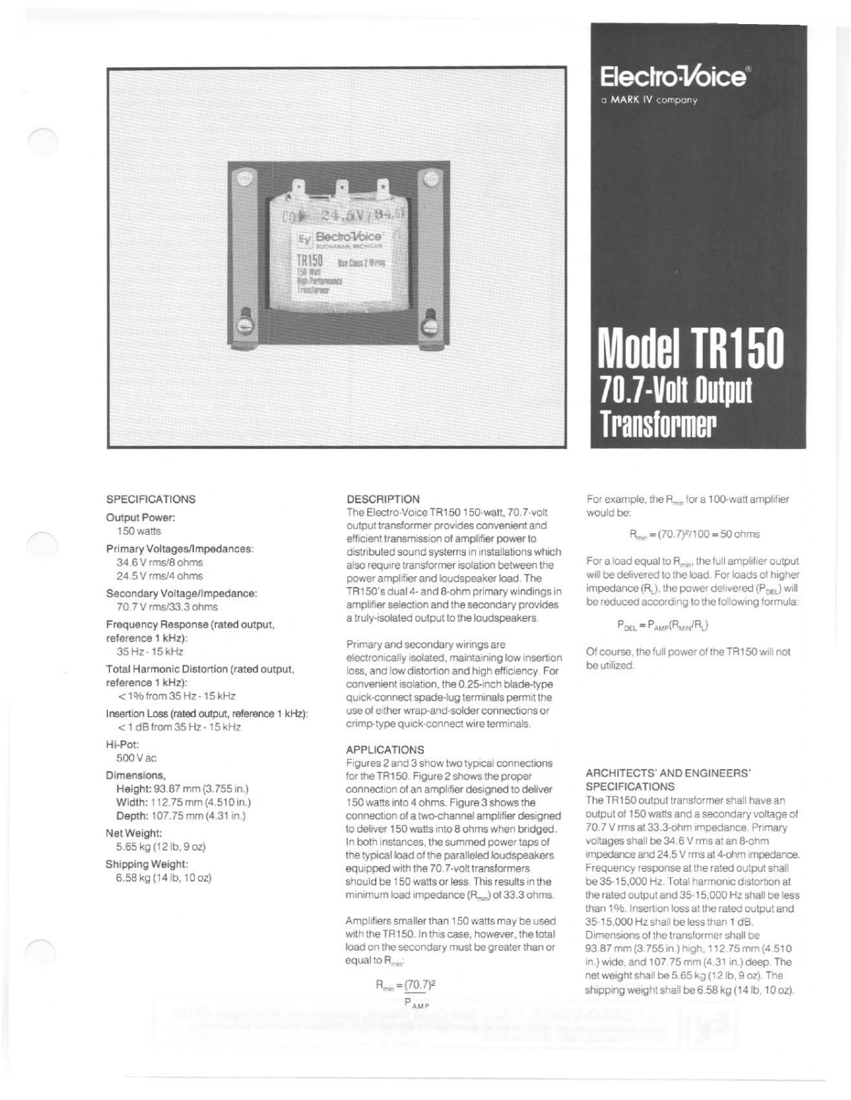 Electro-voice TR150 DATASHEET