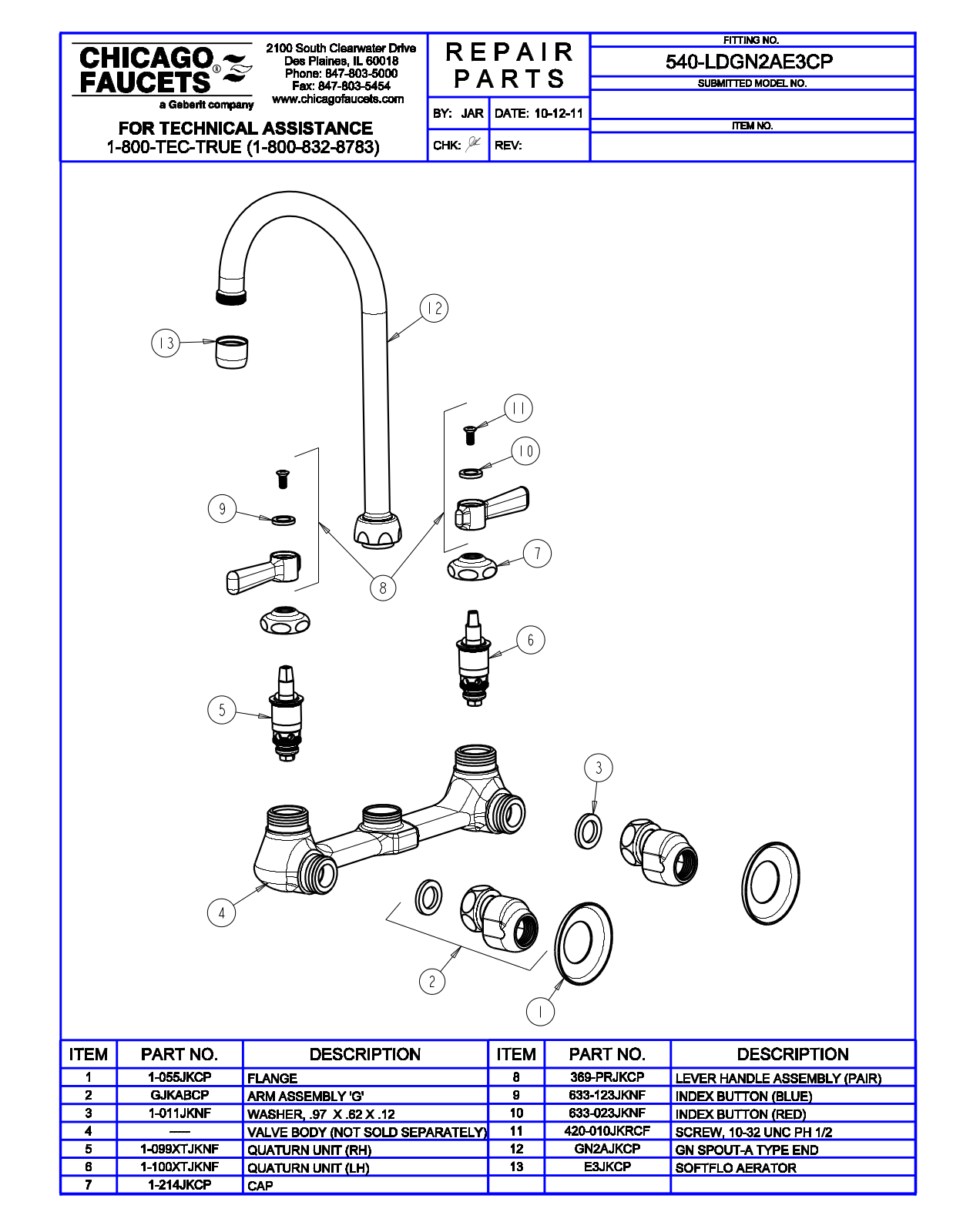 Chicago Faucet 540-LDGN2AE3CP Parts List