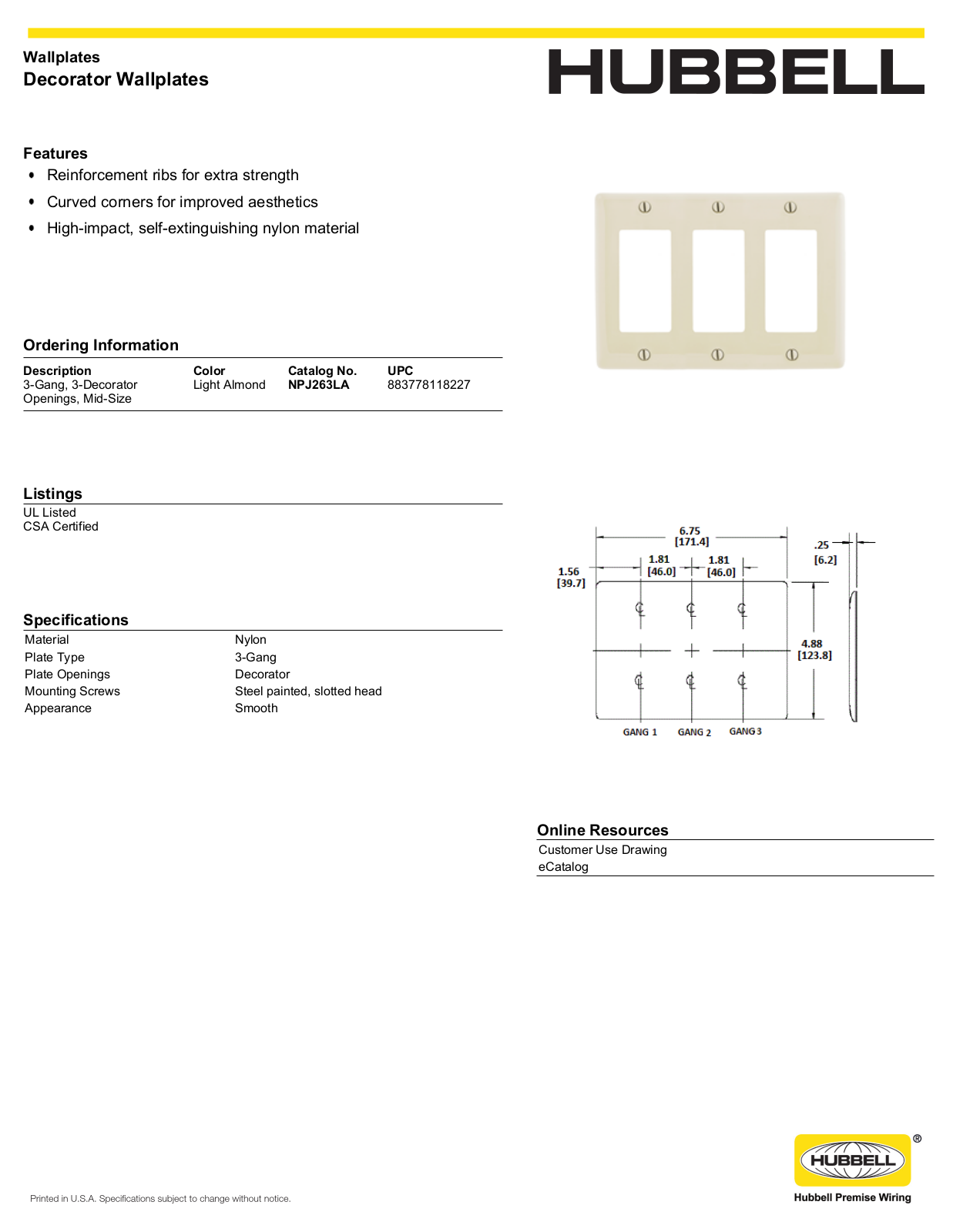 Hubbell NPJ263LA Specifications