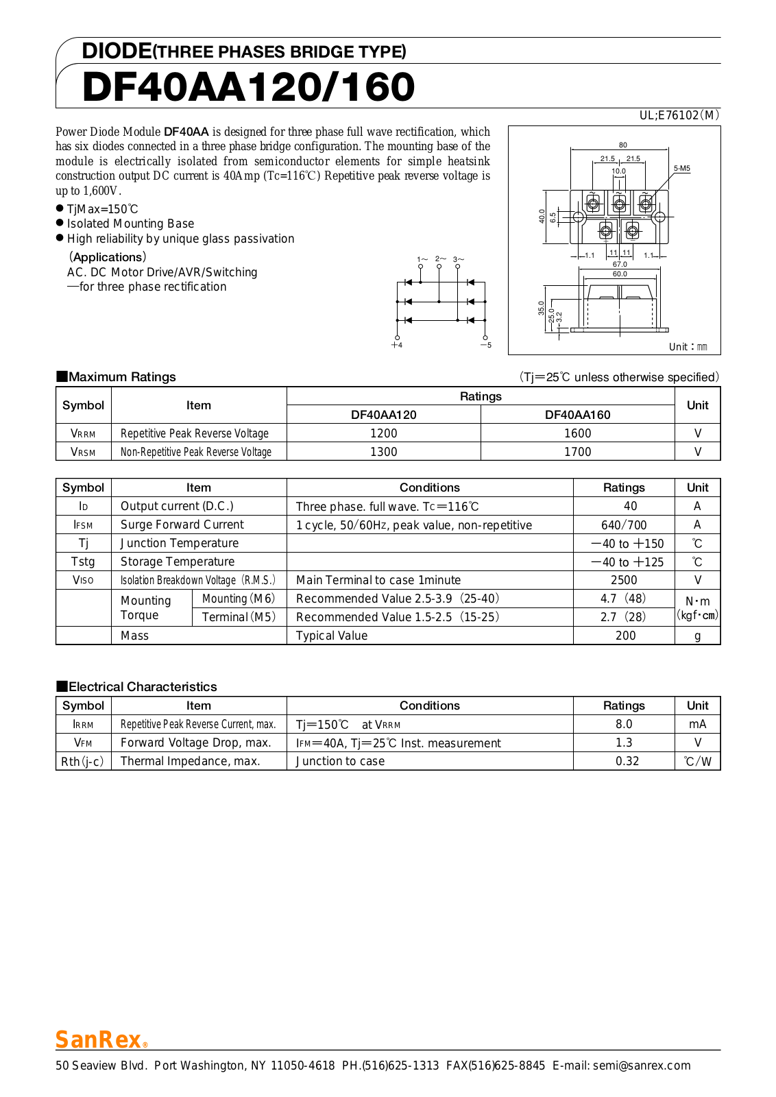 Sanrex-Sansha Electric Manufacturing DF40AA120, DF40AA160 Data Sheet