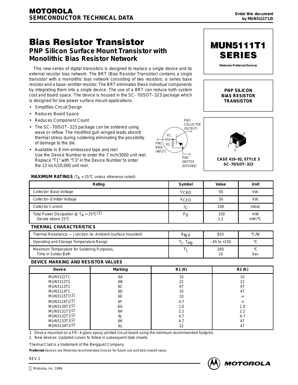 Motorola MUN5111T1, MUN5112T1, MUN5133T1, MUN5134T1, MUN5131T1 Datasheet