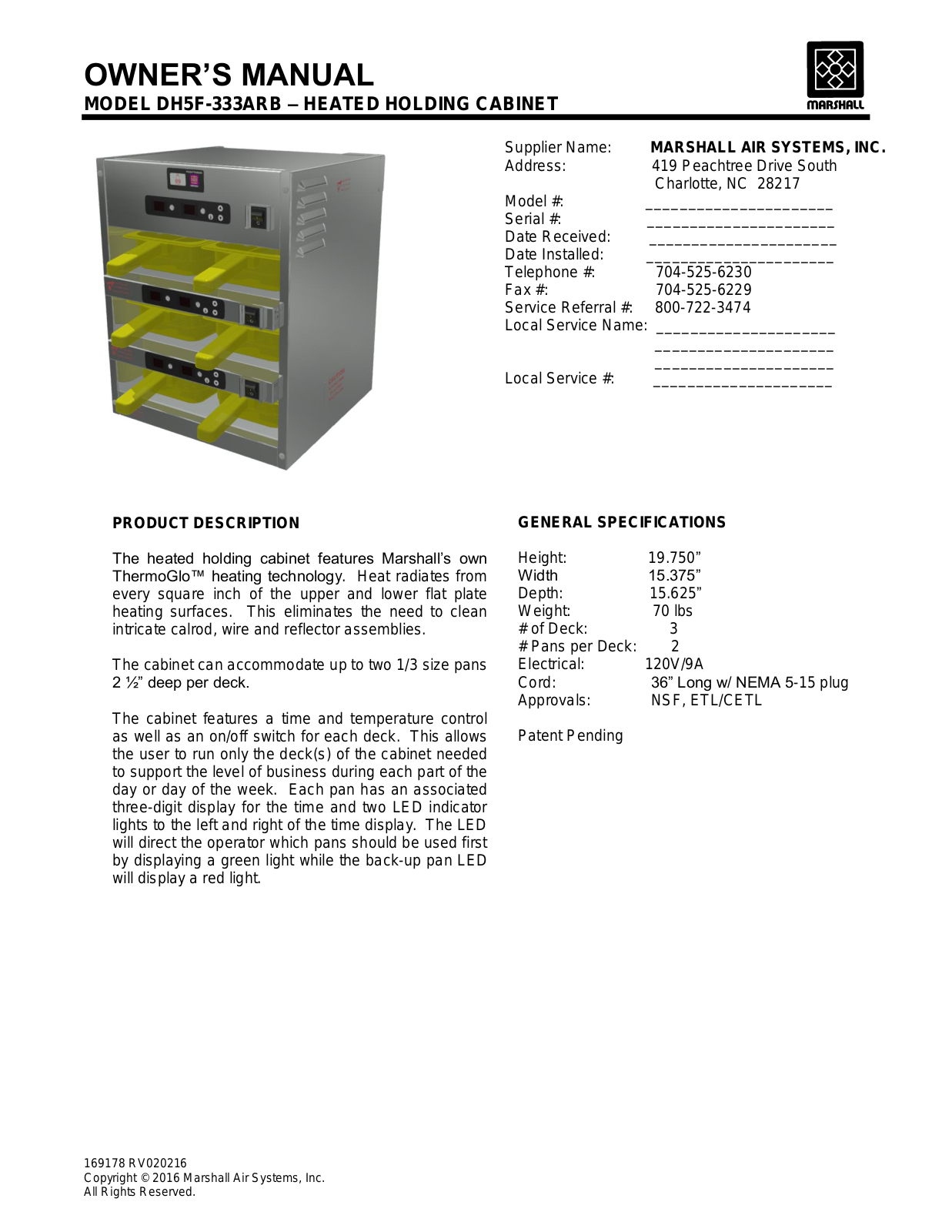 Holding Cabinets DH5F-333ARB Service Manual