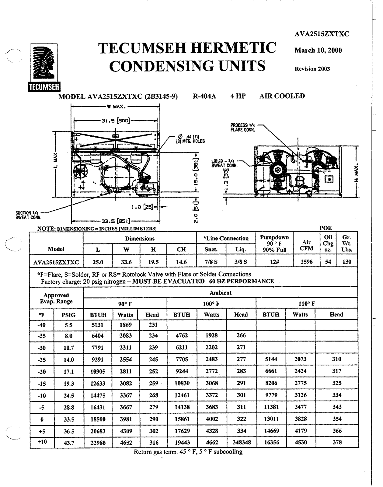 Tecumseh AVA2515ZXTXC Performance Data Sheet