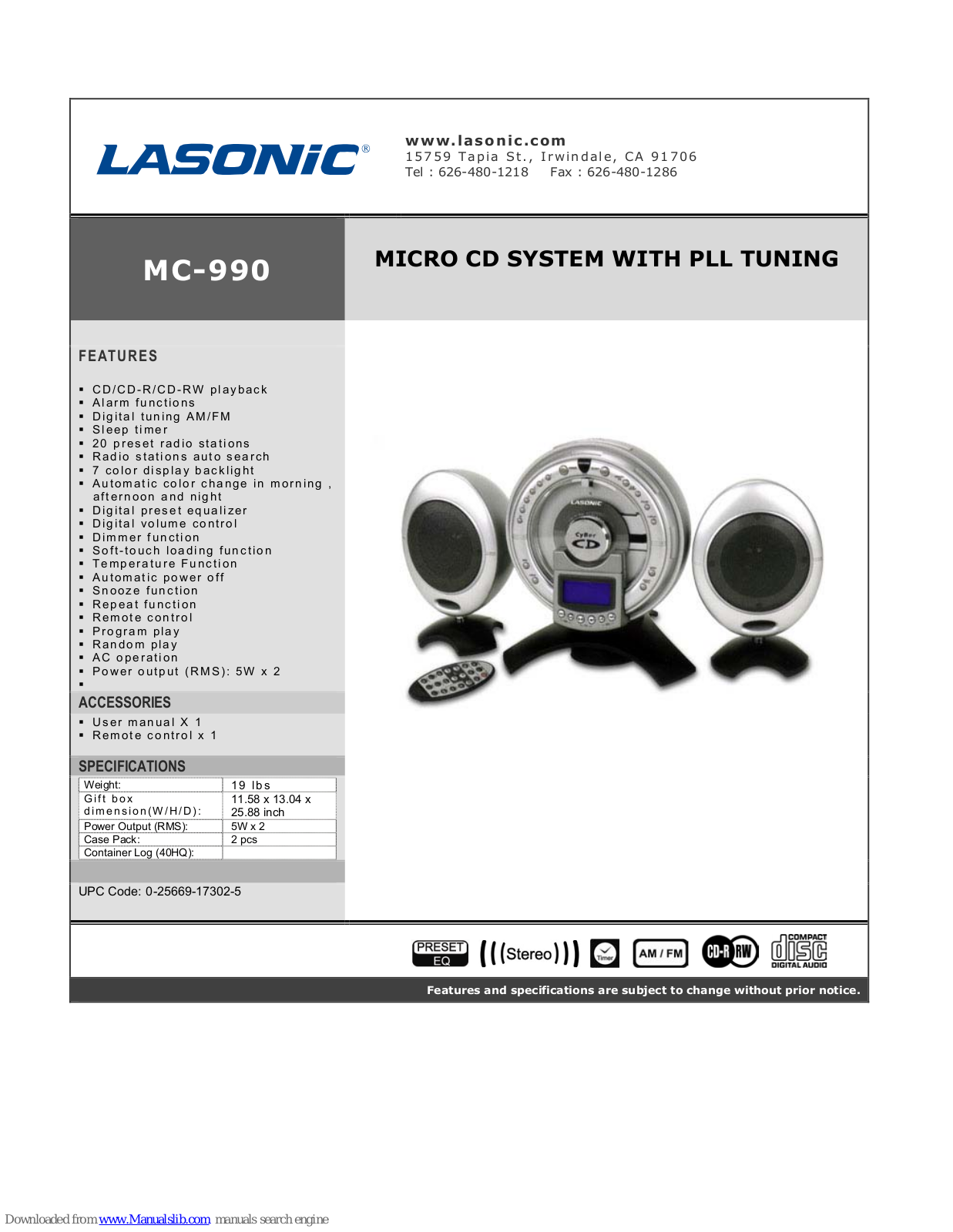 Lasonic MC-990 Specifications