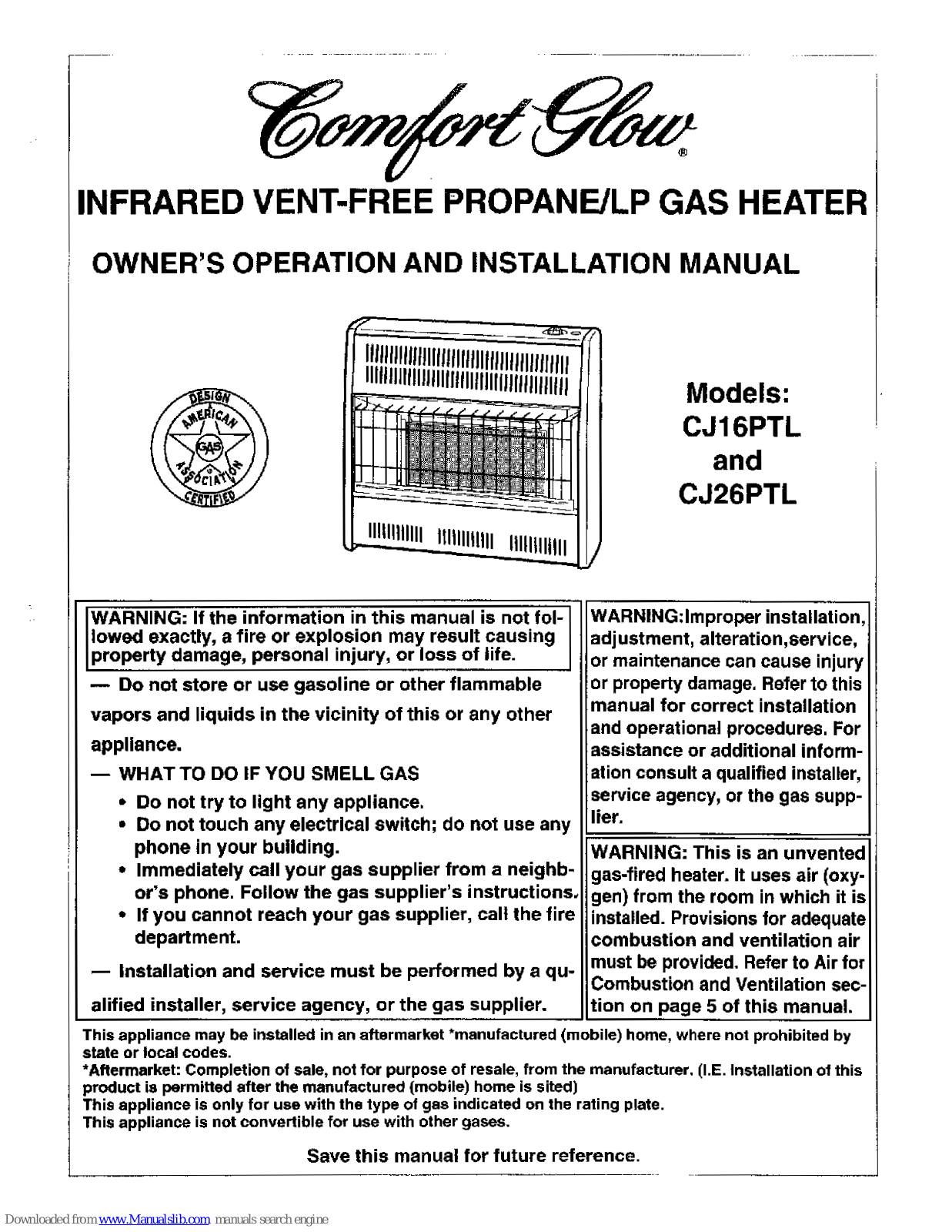 Comfort Glow CJ16PTL, CJ26PTL Installation Manual