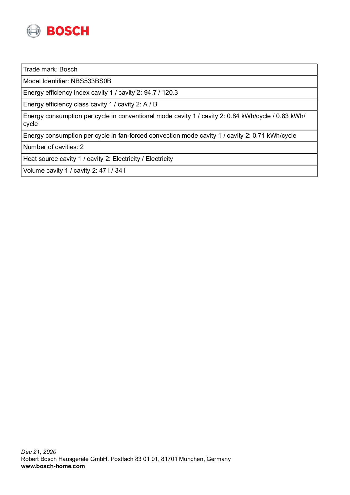 Bosch NBS533BS0B EU Datasheet