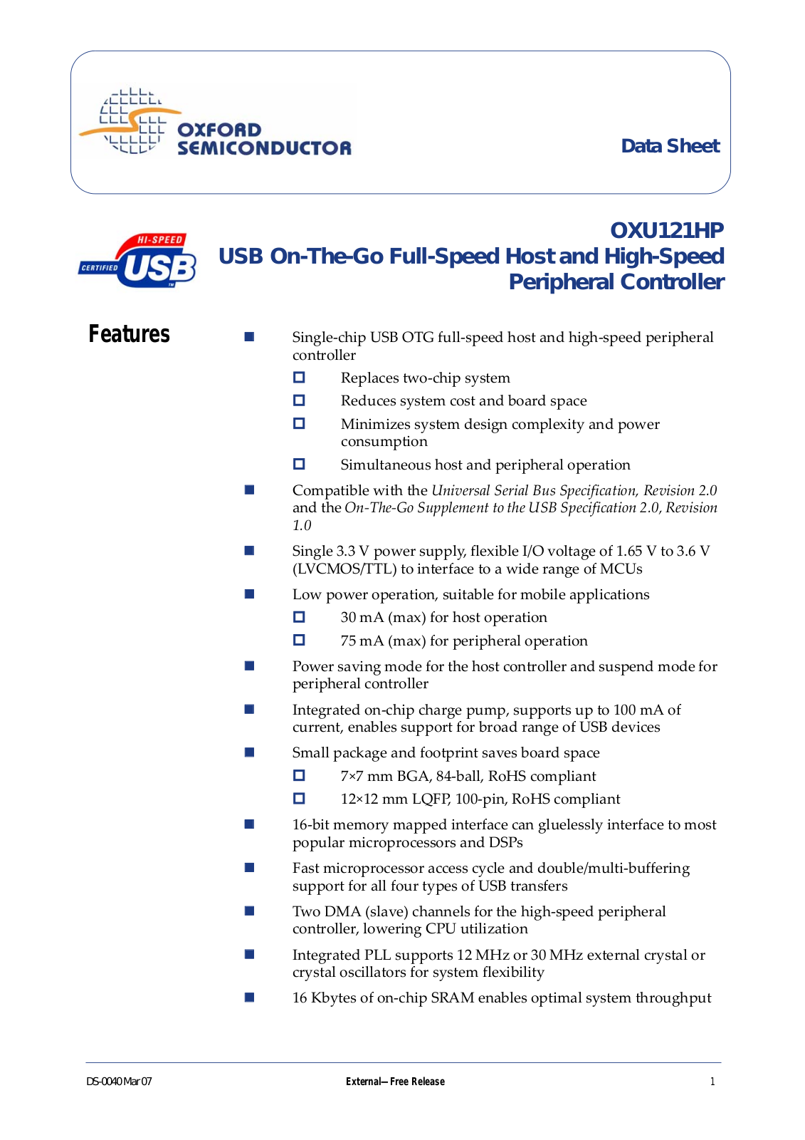 OXFORD OXU121HP DATA SHEET