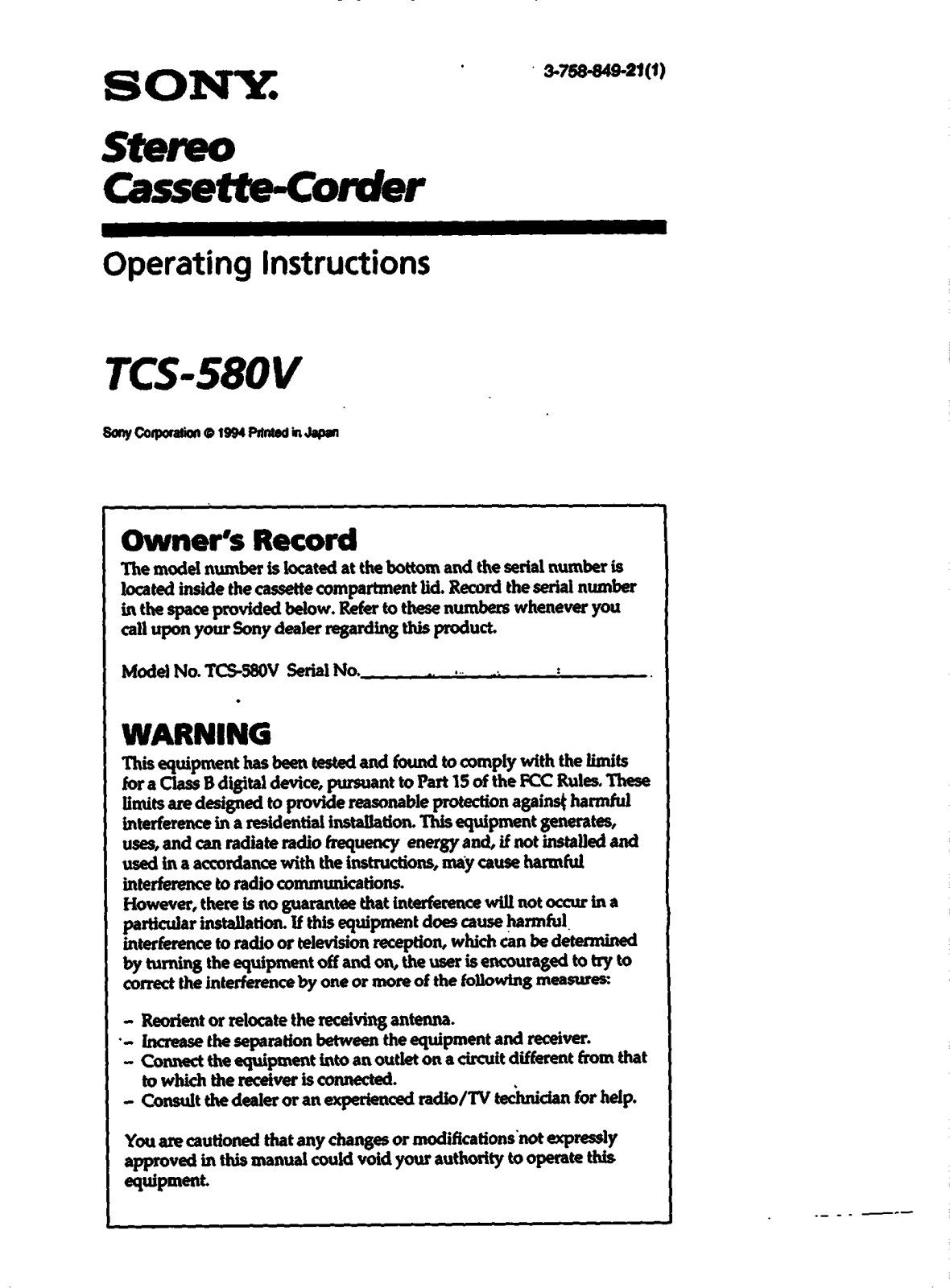 Sony TC-S580V User Manual