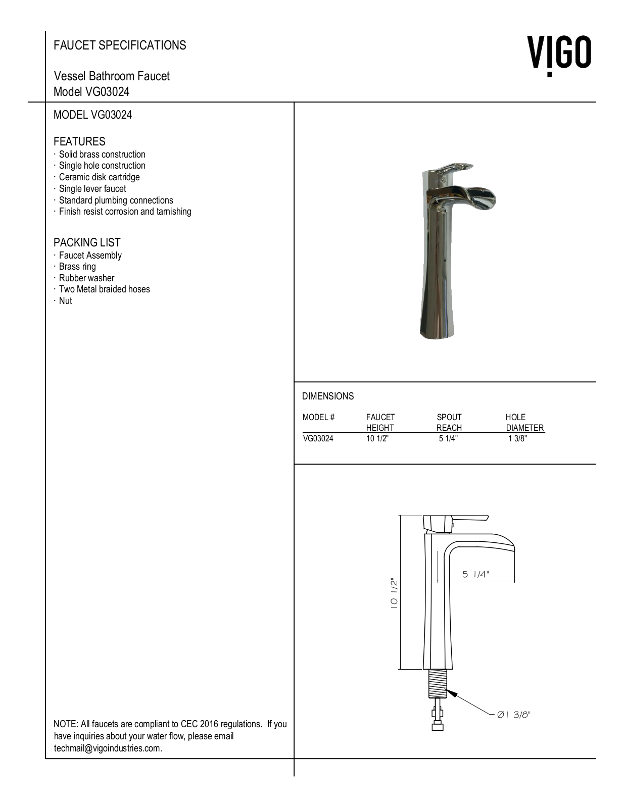 Vigo VG03024CH Specifications