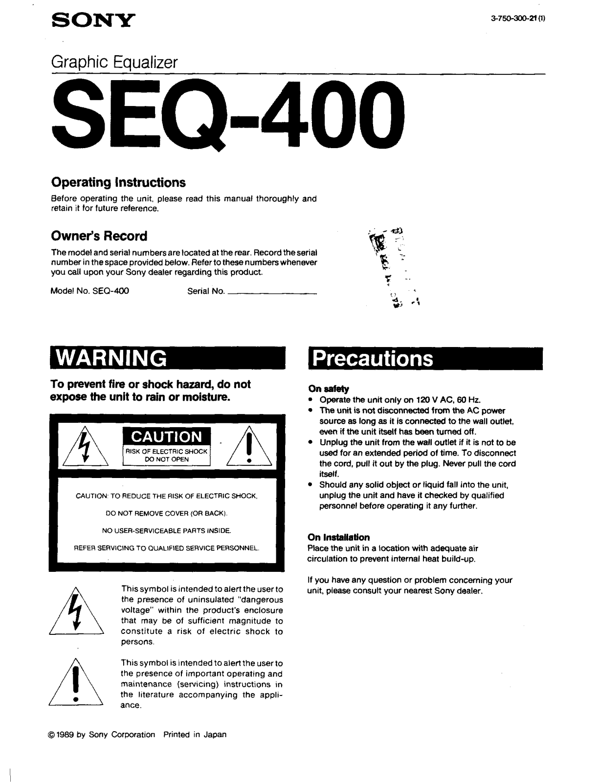 Sony SEQ400 User Manual