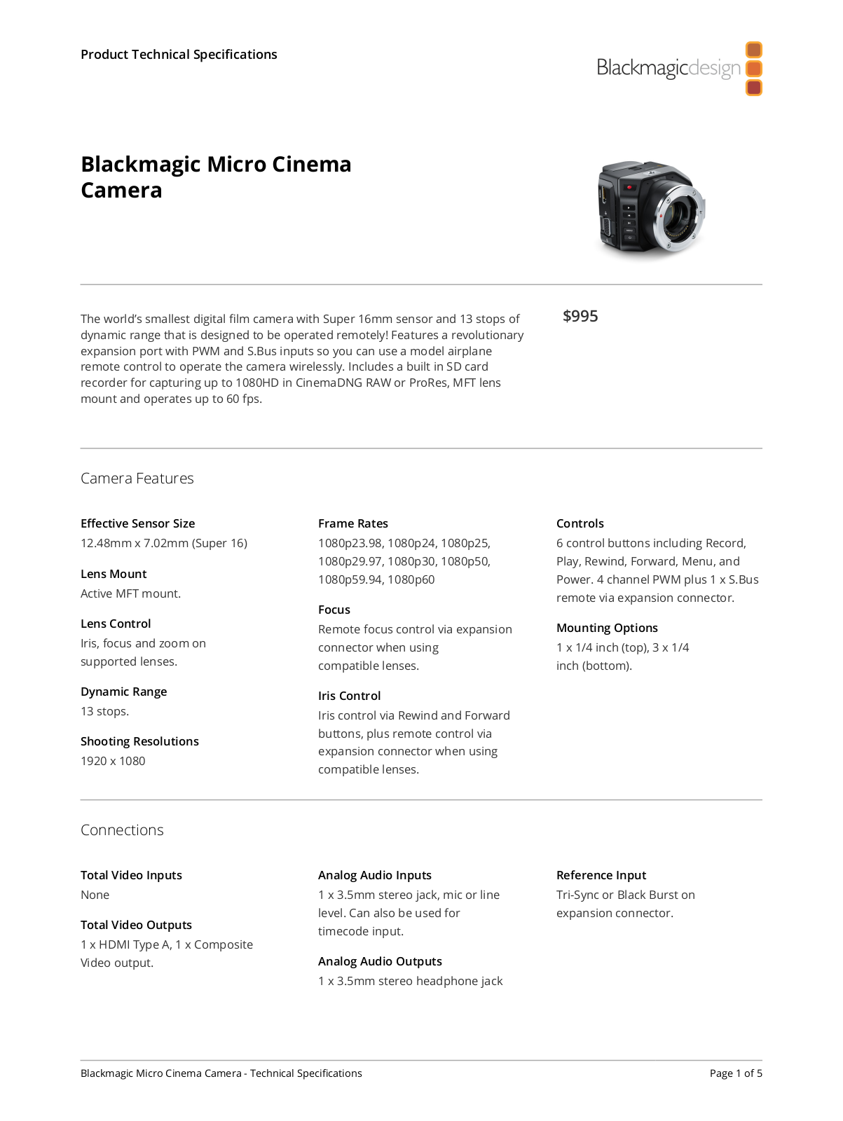 Blackmagic Design Micro Cinema Camera Specifications