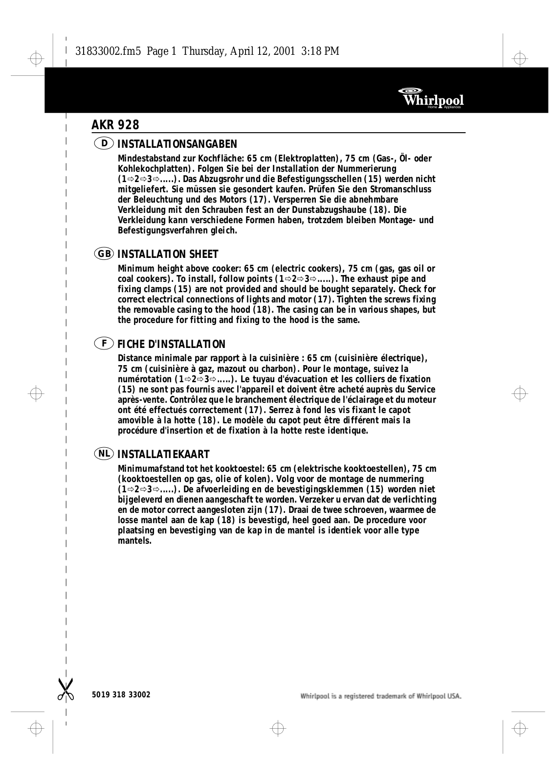 Whirlpool AKR 928 INSTALLATION INSTRUCTIONS