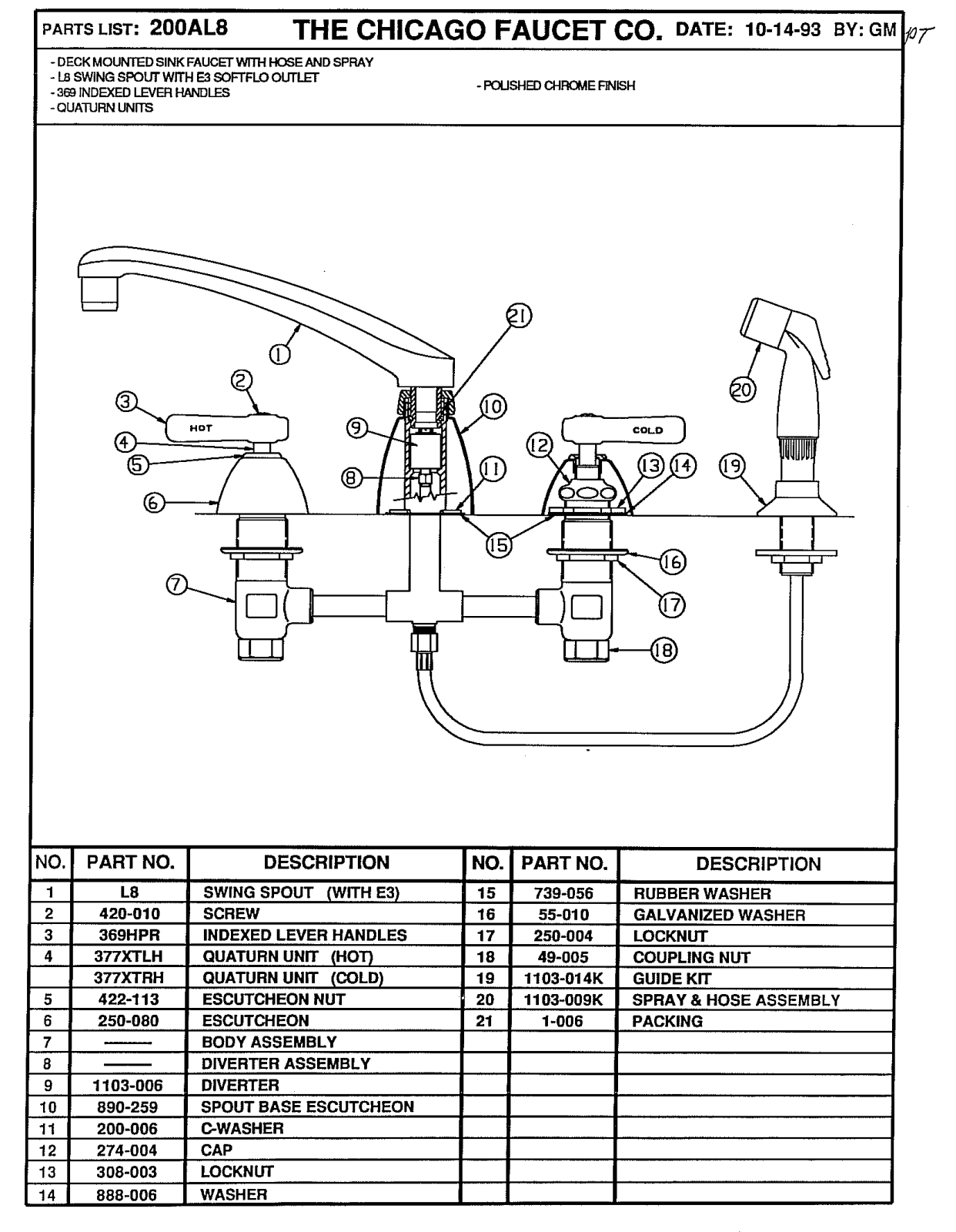 Chicago Faucet 200-AL8CP Parts List