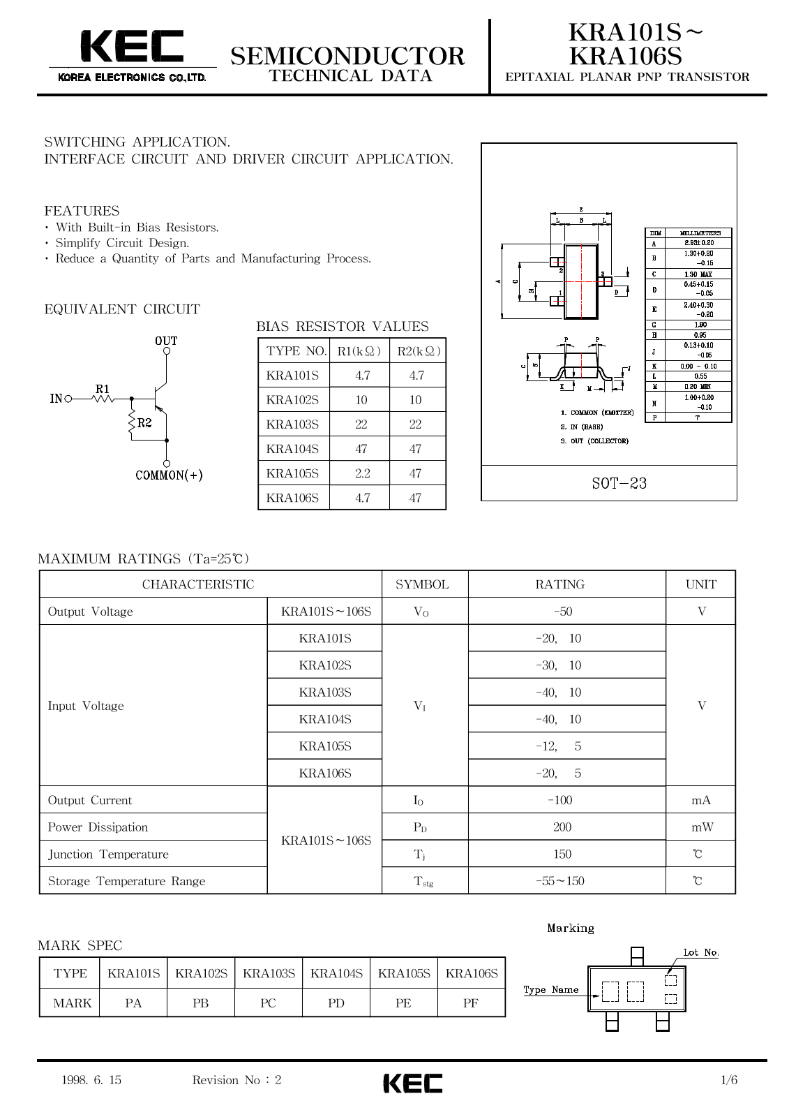 KEC KRA106S, KRA105S, KRA103S, KRA102S, KRA101S Datasheet