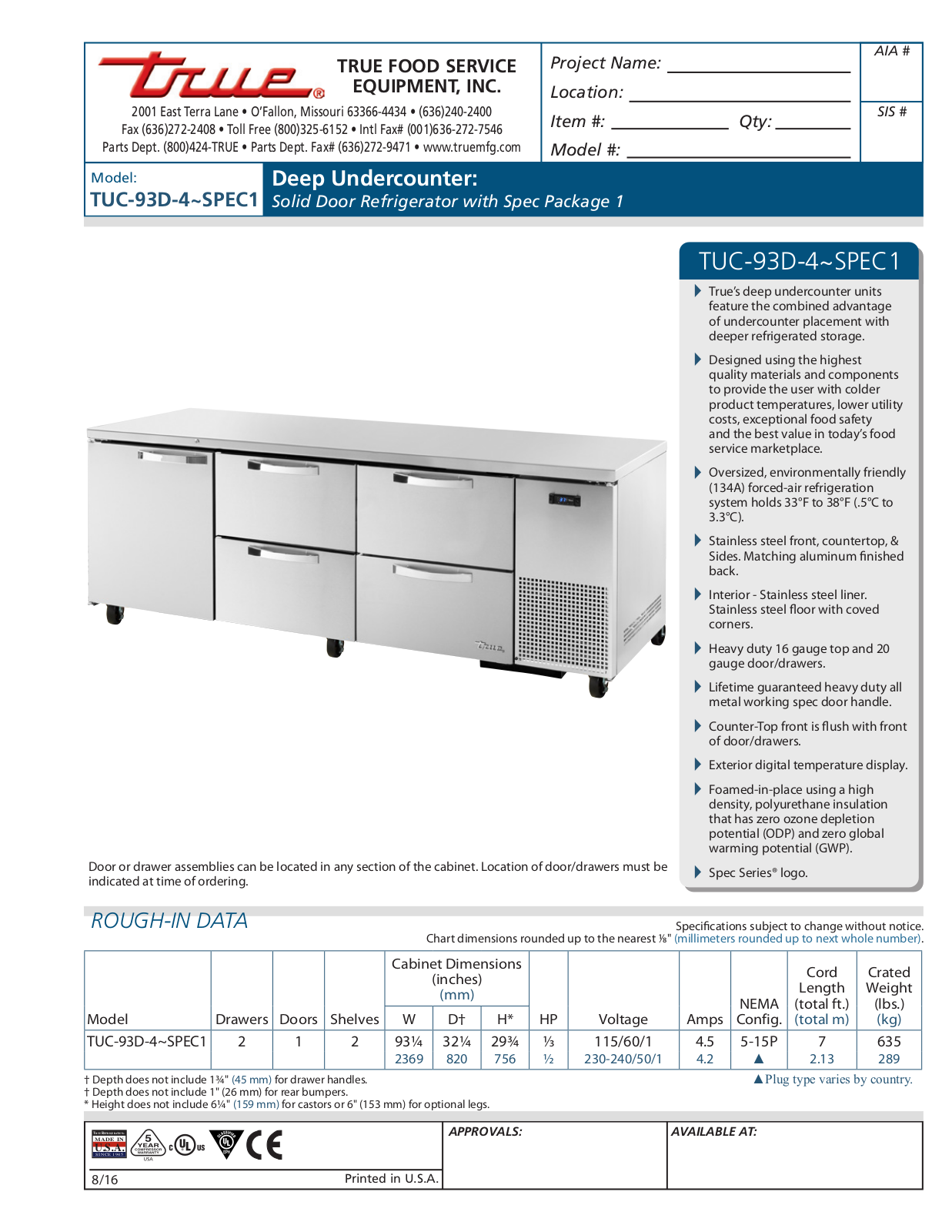 True Refrigeration TUC-93D-4 User Manual