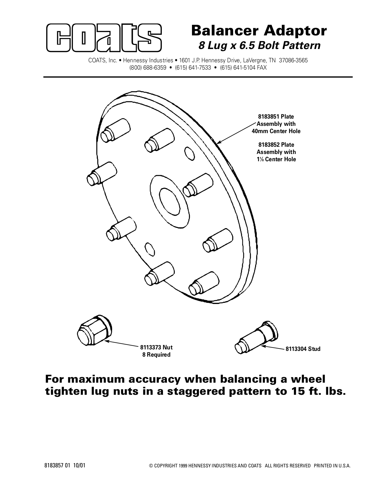 COATS Balancer Adapter, 8 lug x 6.5 Bolt Pattern User Manual