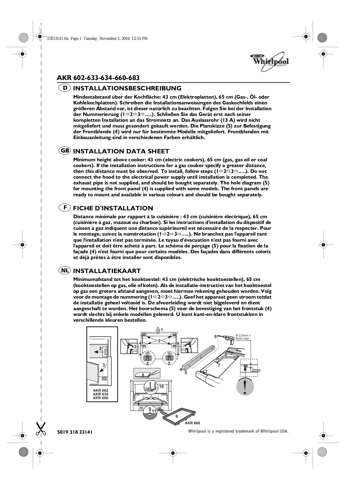 Whirlpool akr 602, akr633, akr634, akr660, akr683 INSTALLATION SHEET