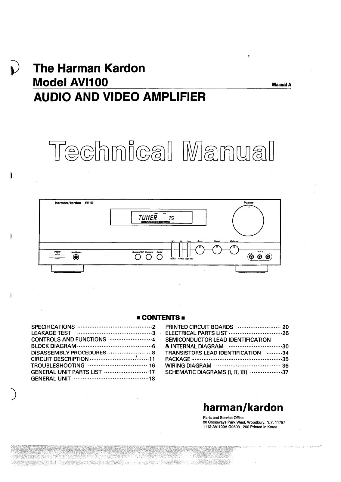 Harman Kardon AVI-100 Service manual