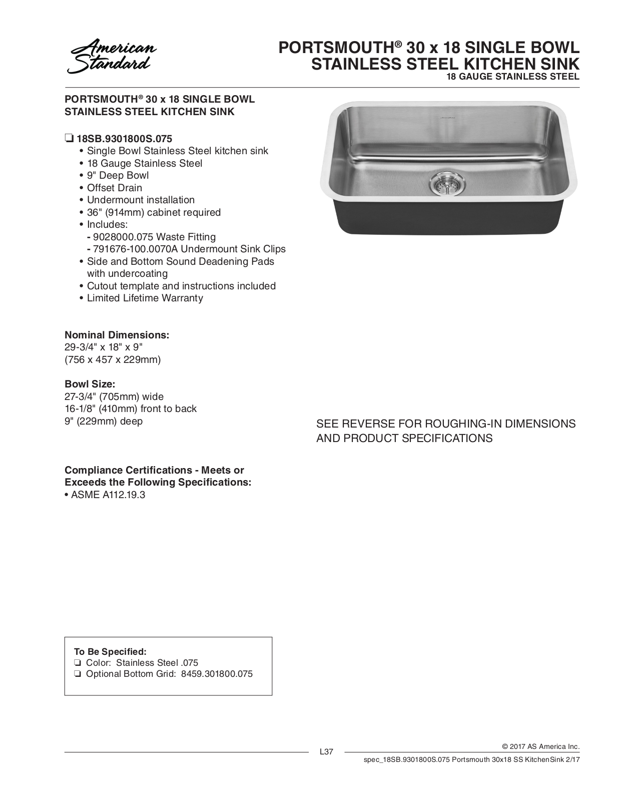 American Standard ASD10336 Specification Sheet - ManualMachine.com