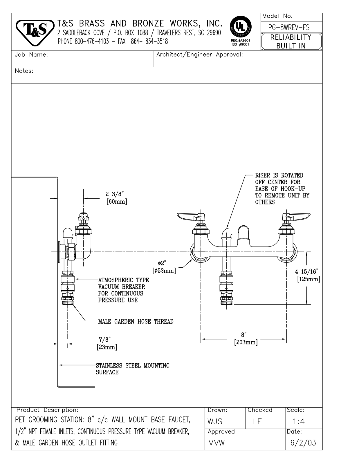 T&S Brass PG-8WREV-FS User Manual