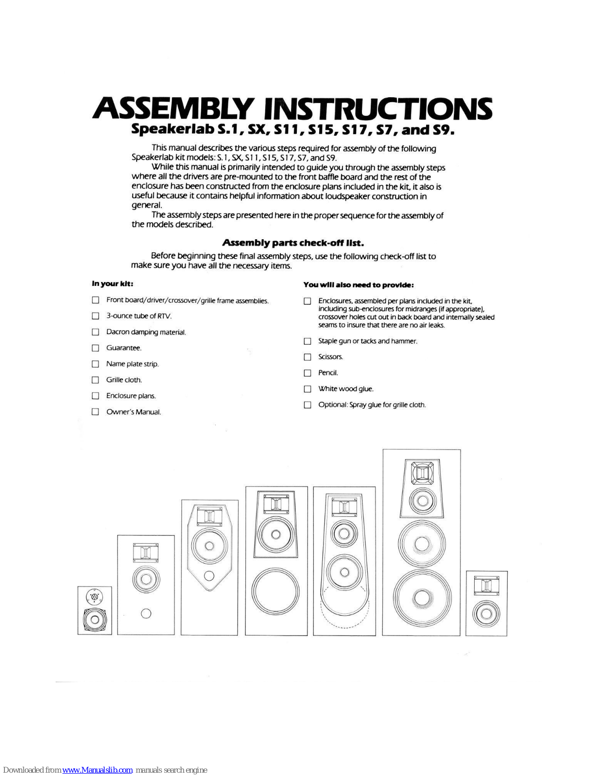 Speakerlab S.1, S11, SX, S15, S17 Assembly Instructions Manual