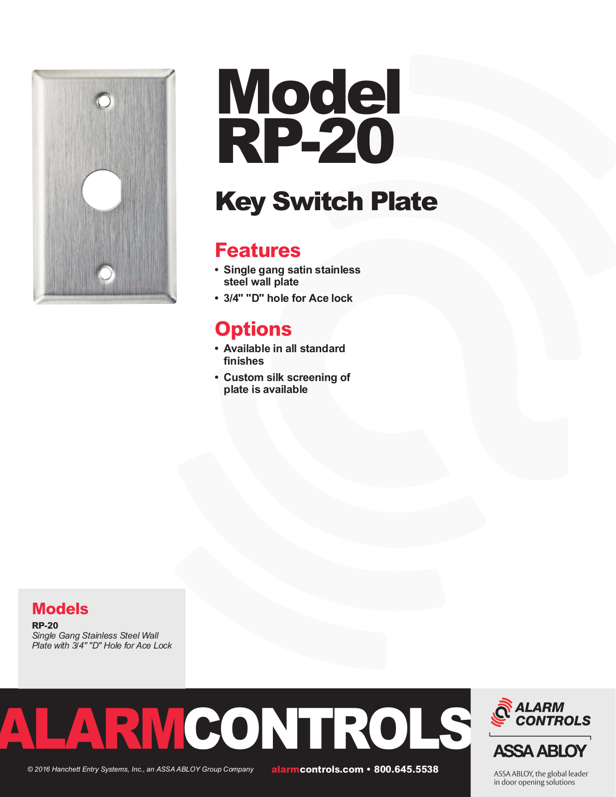 Alarm Controls RP-20 Specsheet