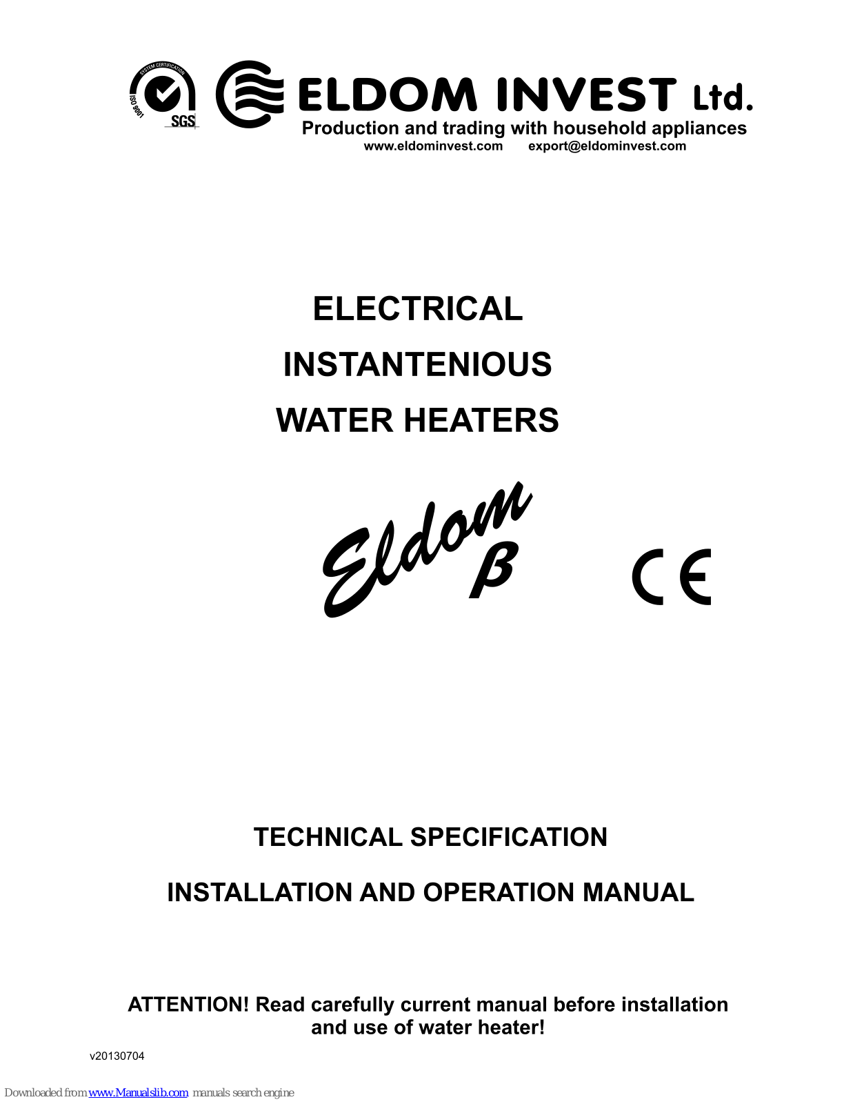 Eldom Invest Eldom Beta3, Eldom Beta4, Eldom Beta7 Technical Specification, Installation And Operation Manual