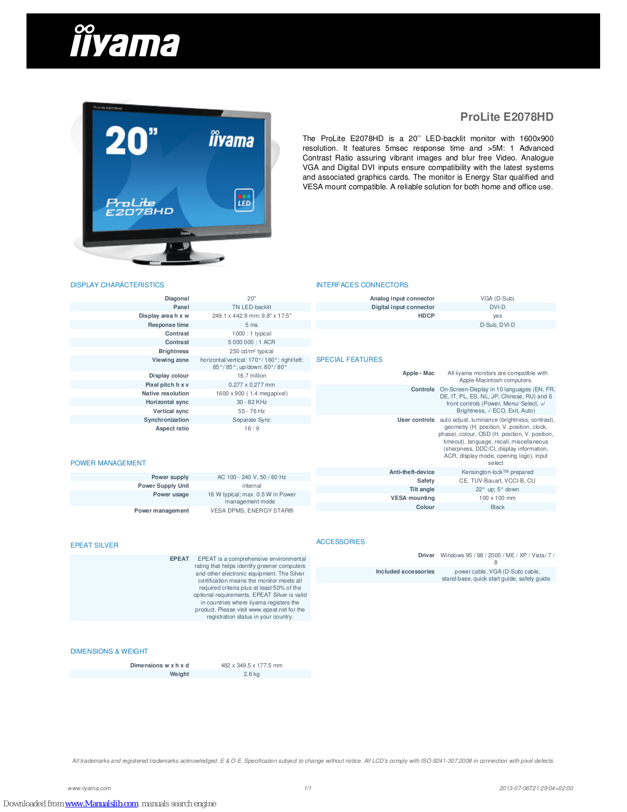 Iiyama ProLite E2078HD Specification