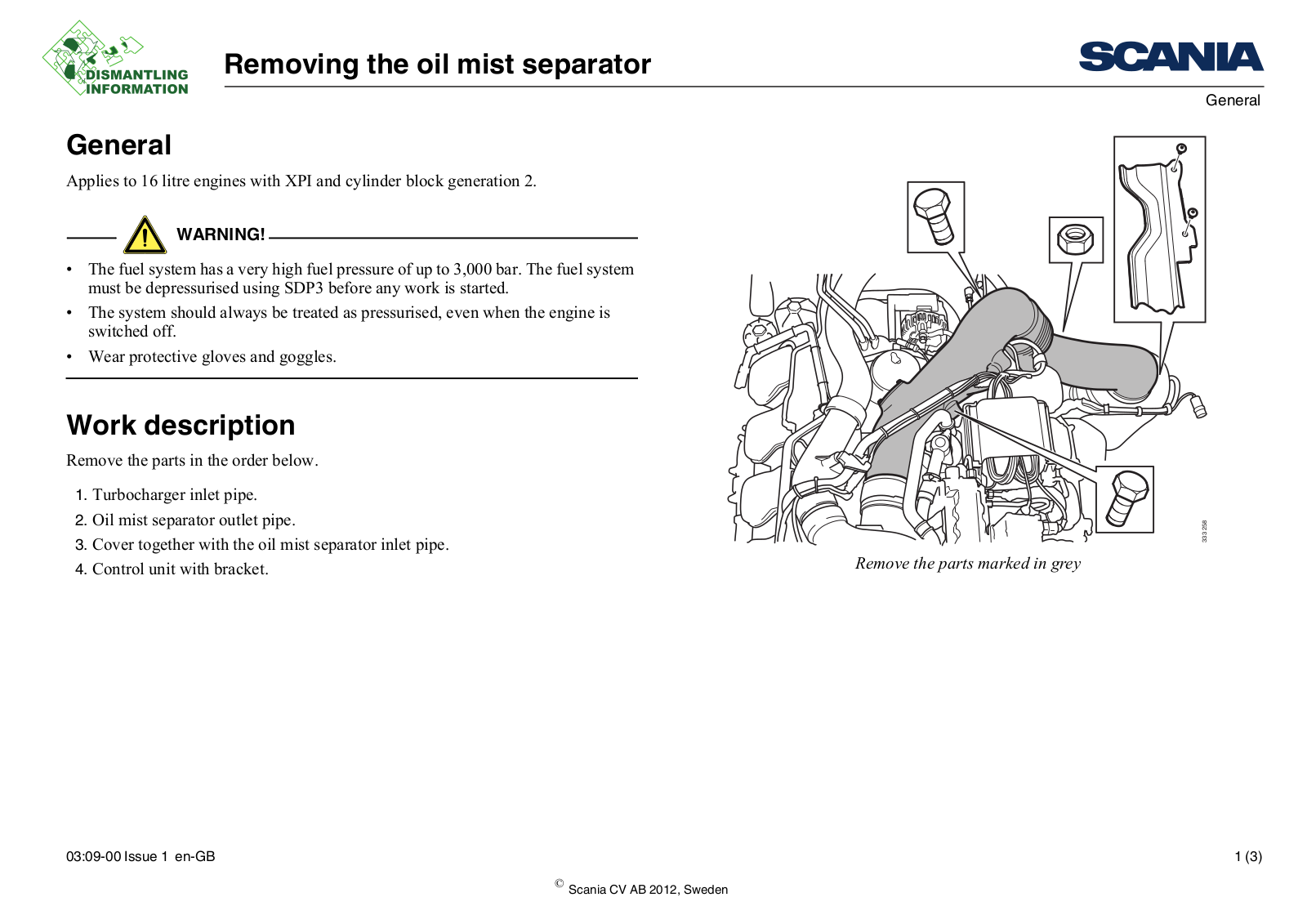 Scania Removing the oil mist separator Service Manual