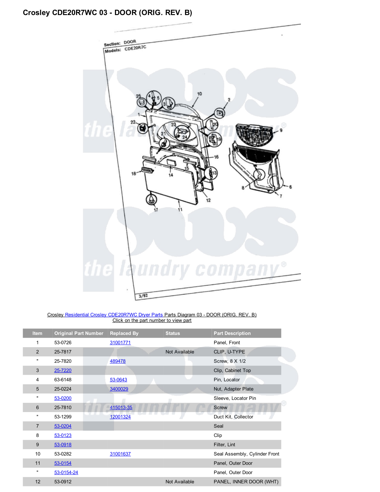 Crosley CDE20R7WC Parts Diagram